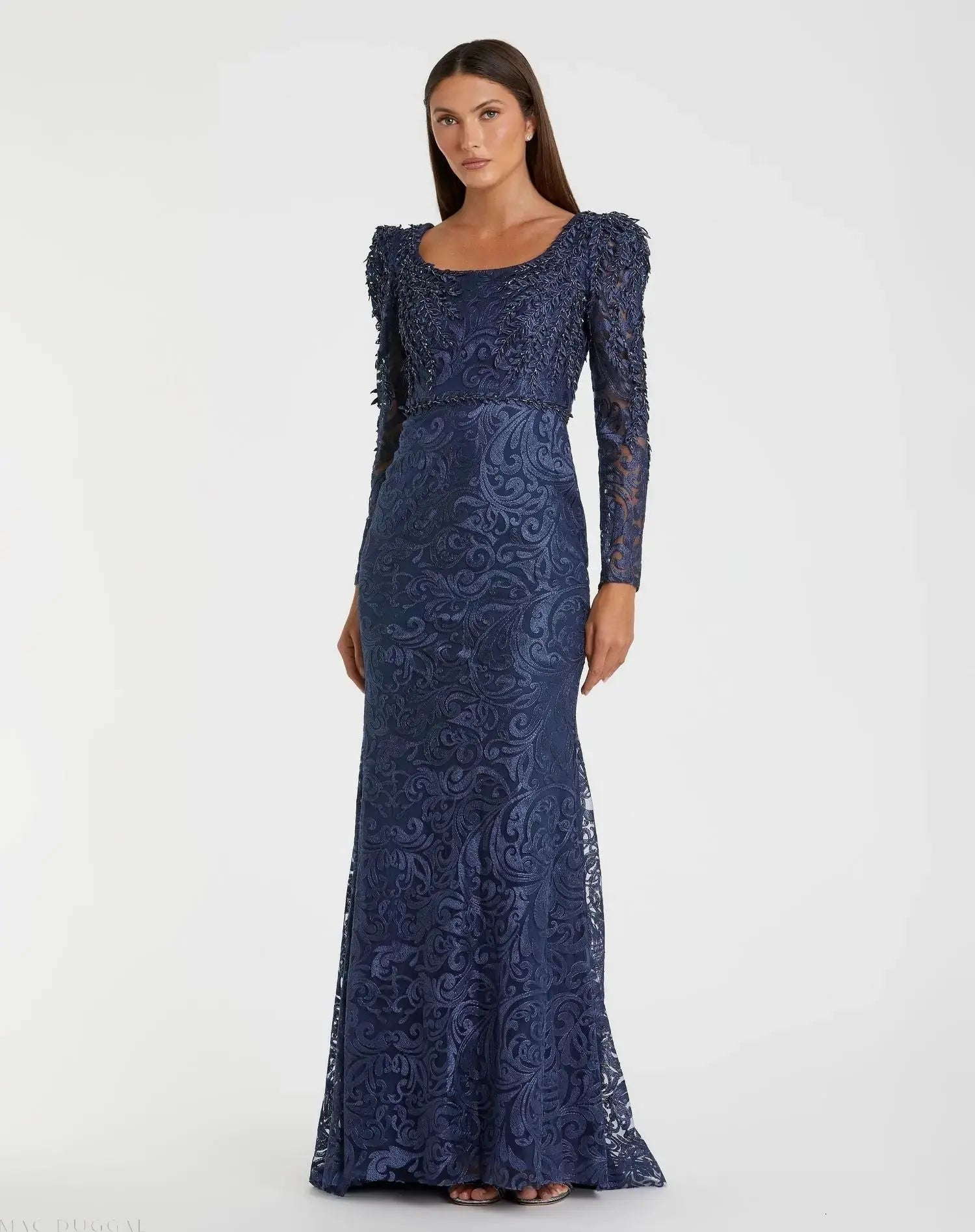 Navy Long Sleeve Embroidered Applique Trumpet Gown-Myartka