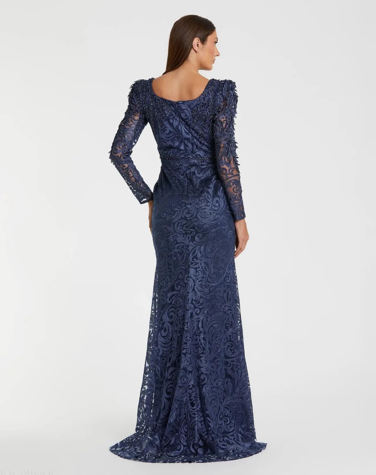 Navy Long Sleeve Embroidered Applique Trumpet Gown-Myartka