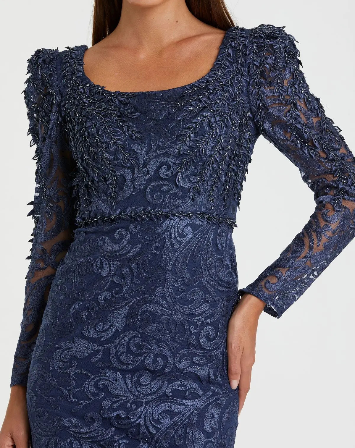 Navy Long Sleeve Embroidered Applique Trumpet Gown-Myartka