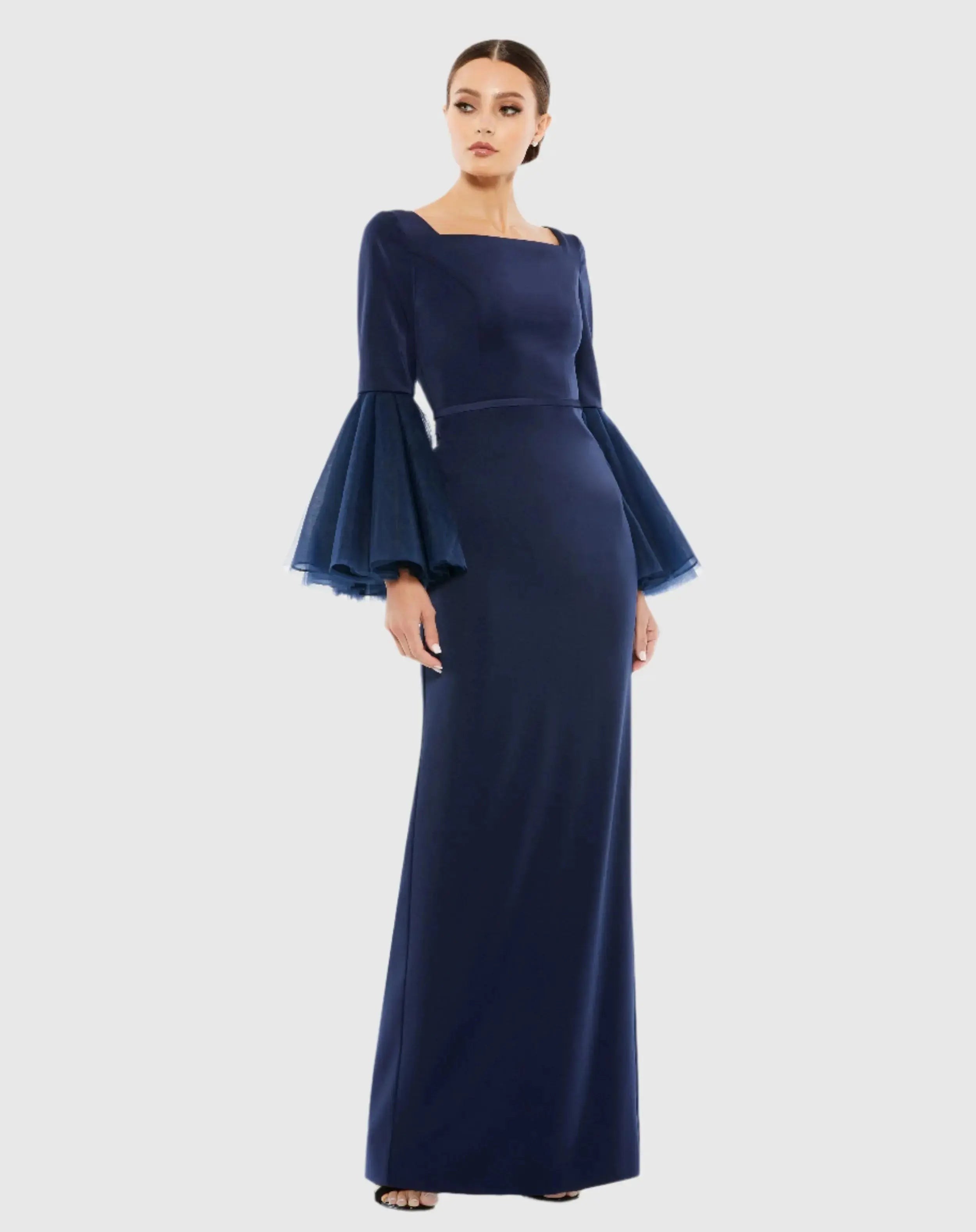 Navy Flounce Sleeve Square Neck Column Gown-Myartka