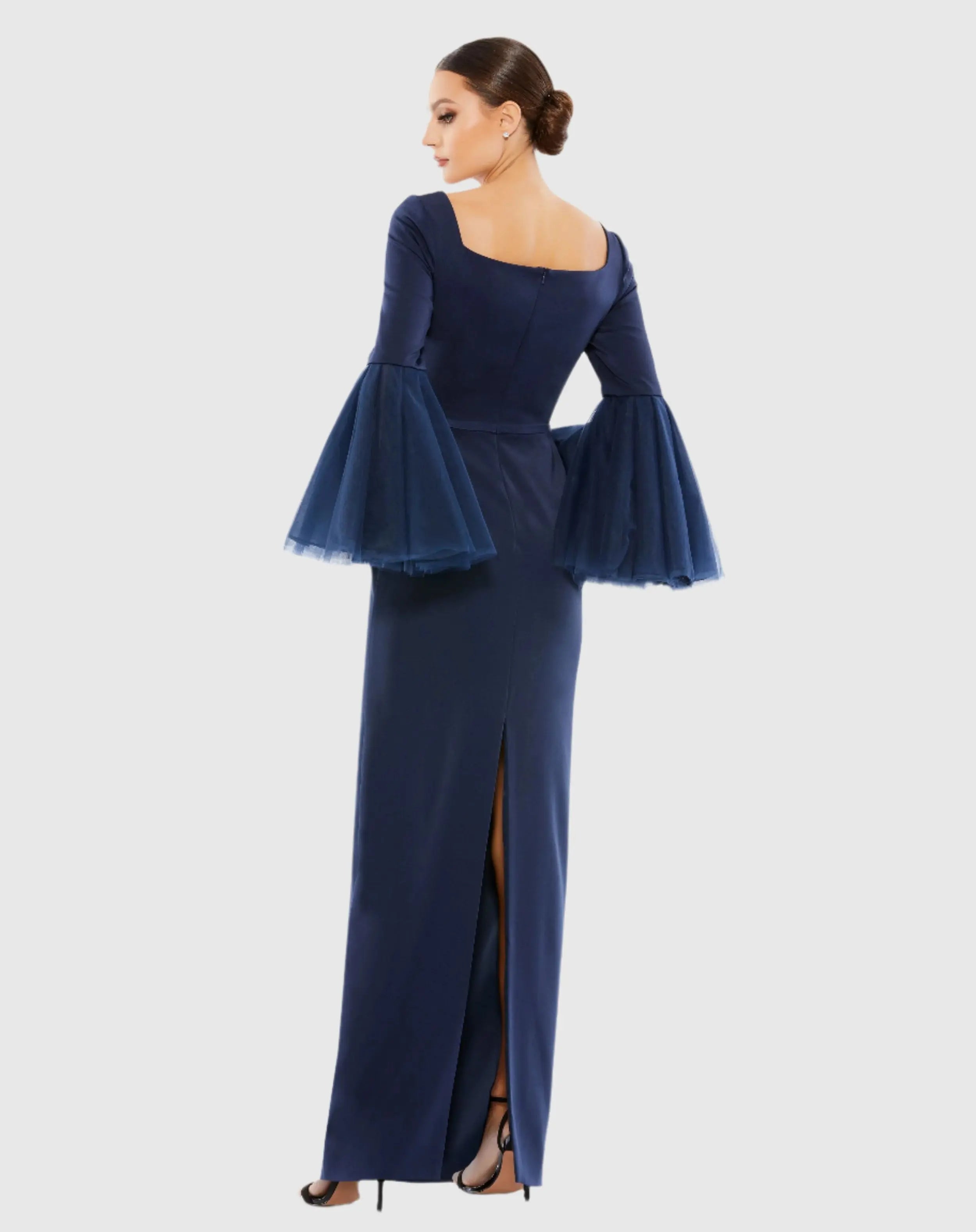 Navy Flounce Sleeve Square Neck Column Gown-Myartka