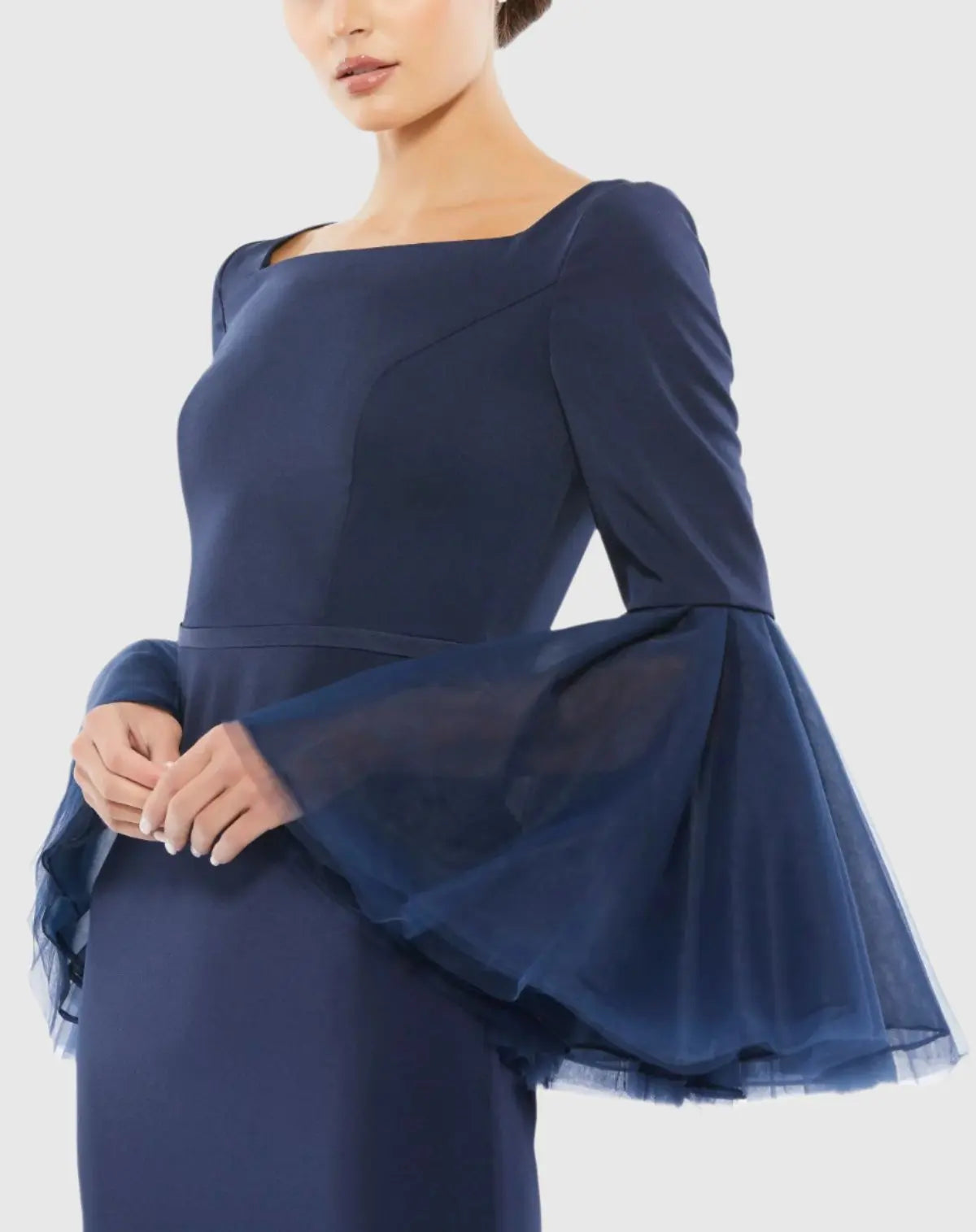 Navy Flounce Sleeve Square Neck Column Gown-Myartka
