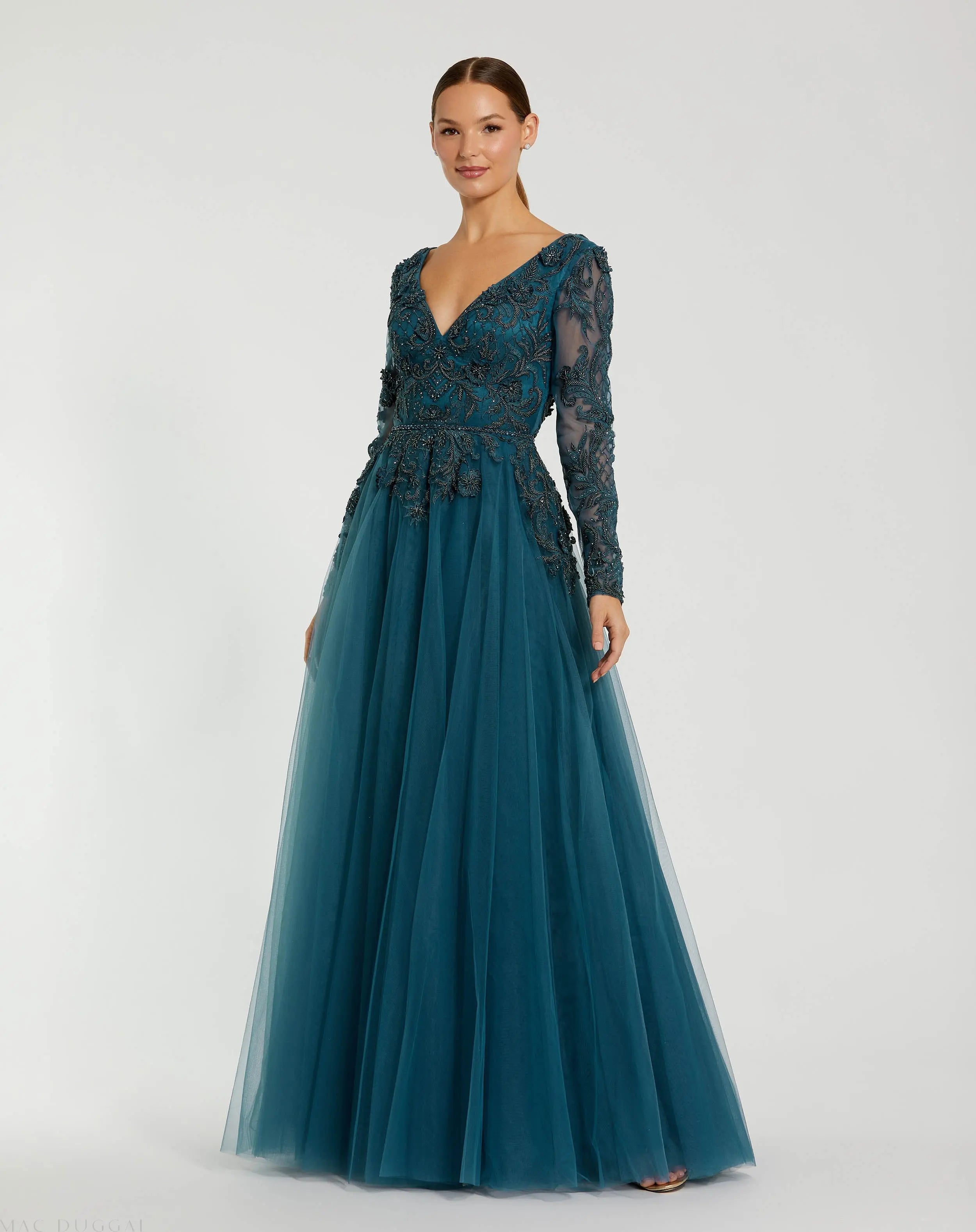 Teal Long Sleeve Embellished Tulle Gown-Myartka