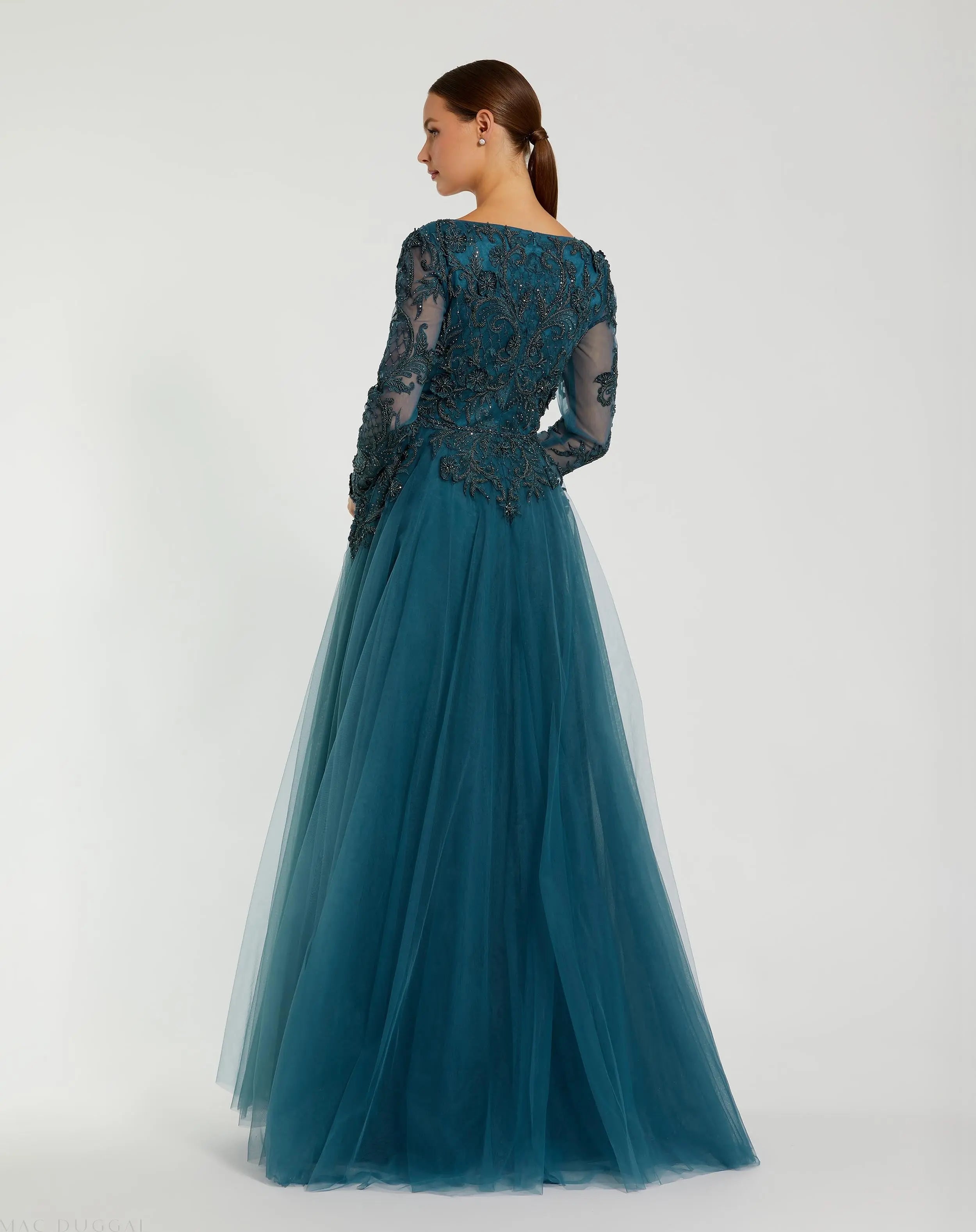 Teal Long Sleeve Embellished Tulle Gown-Myartka