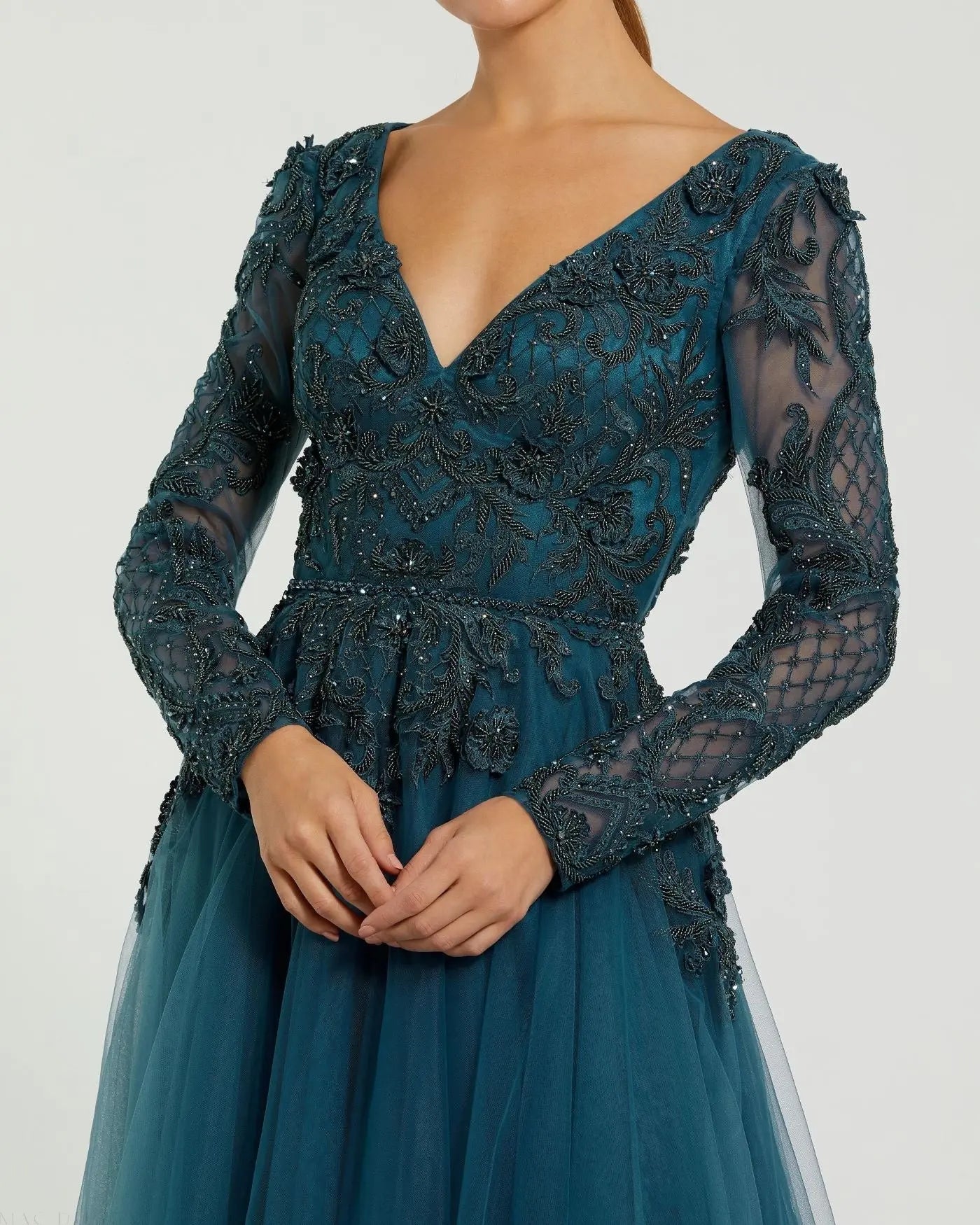 Teal Long Sleeve Embellished Tulle Gown-Myartka