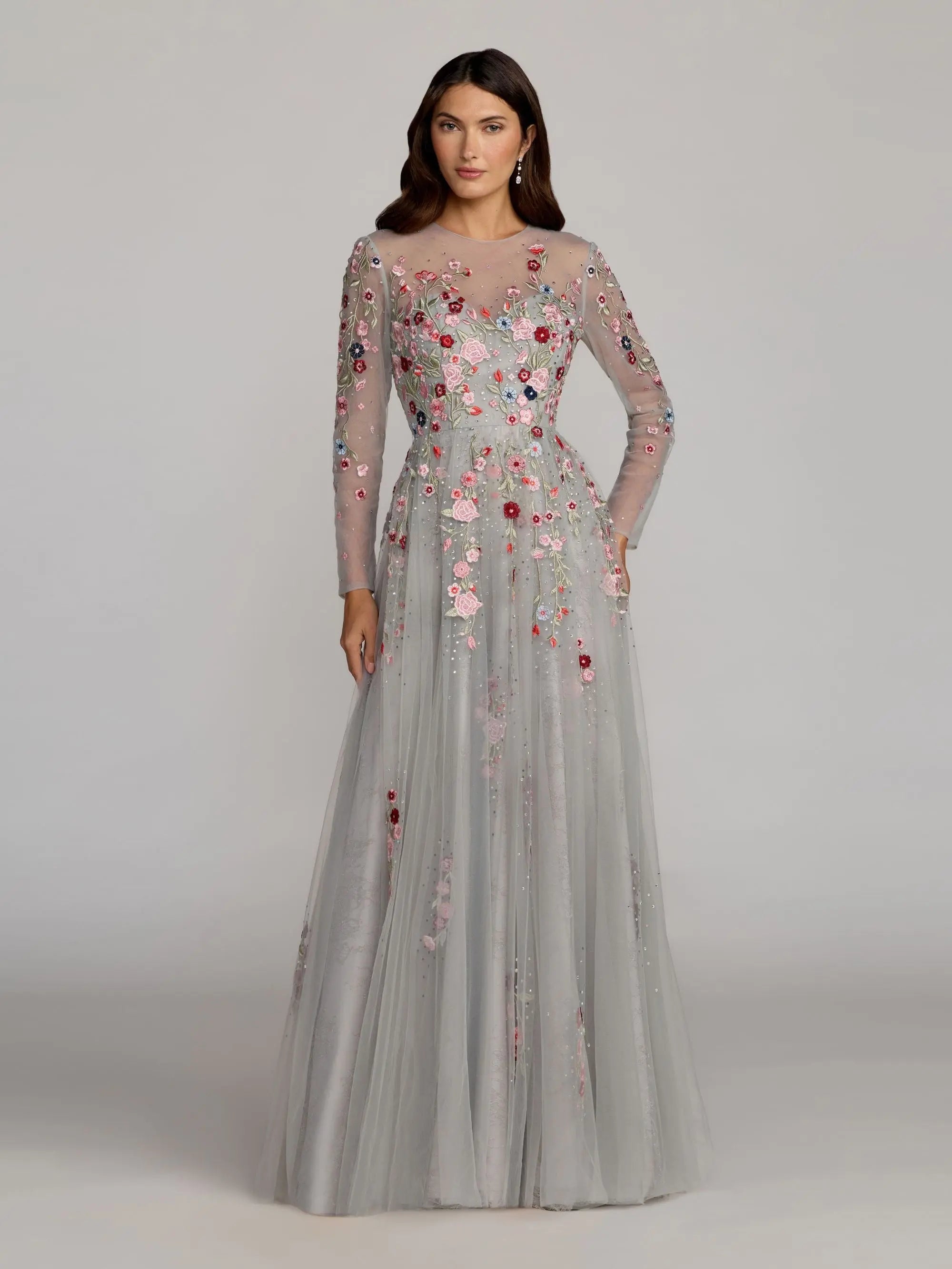Gray Embroidered Illusion High Neck Long Sleeve A Line Gown-Myartka