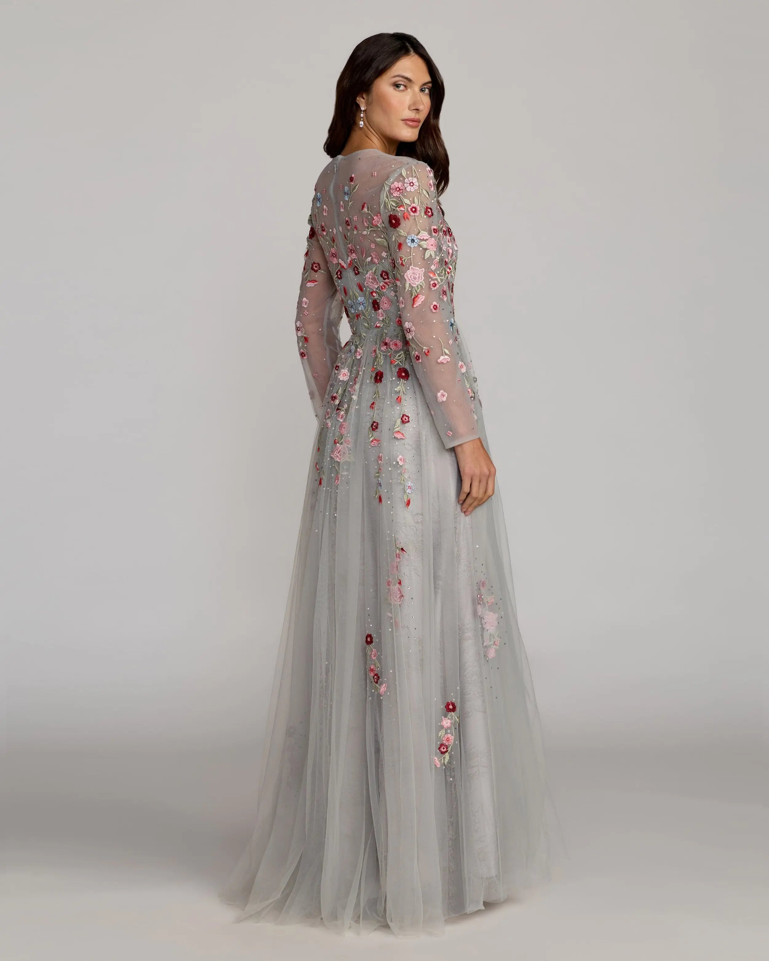Gray Embroidered Illusion High Neck Long Sleeve A Line Gown-Myartka