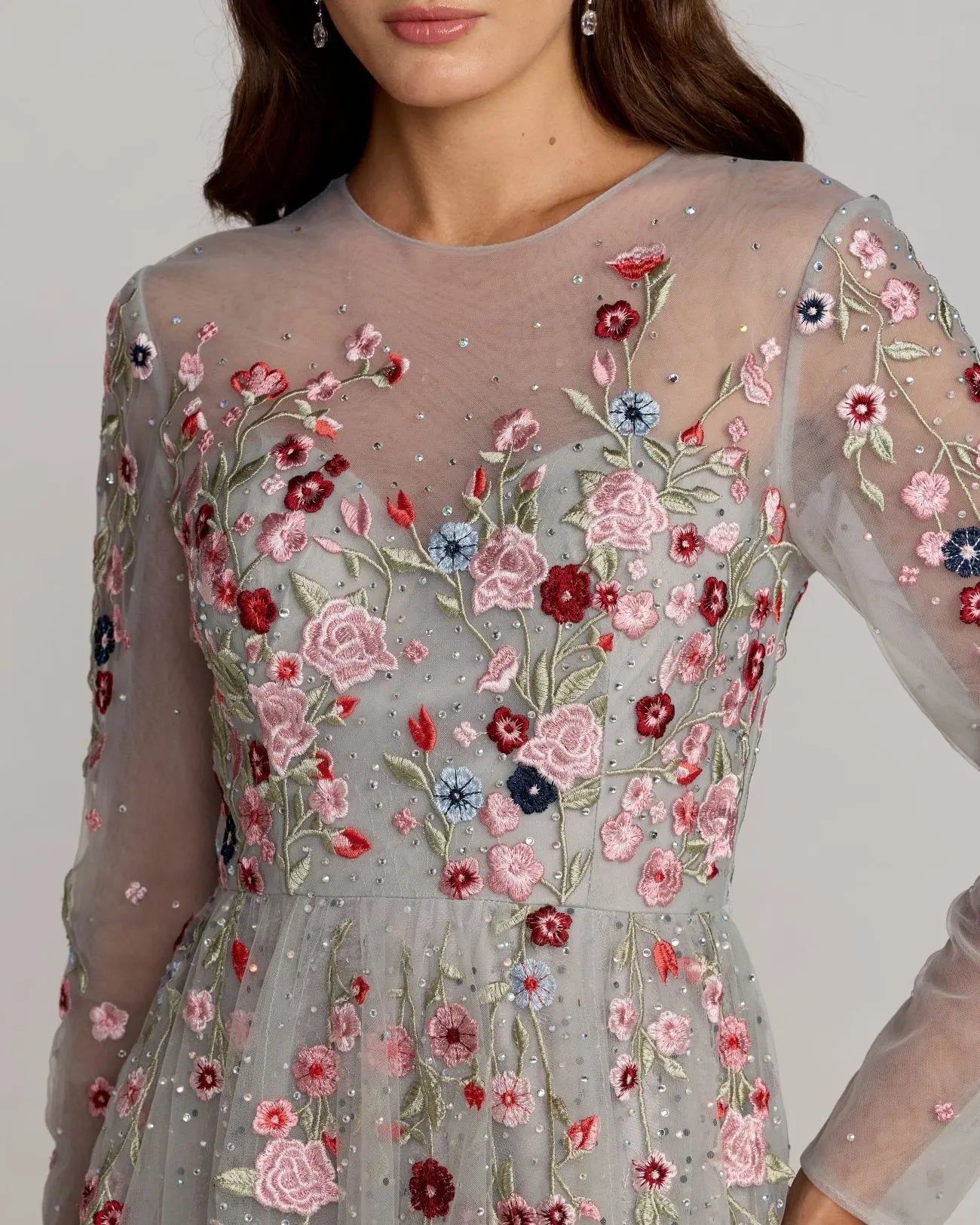 Gray Embroidered Illusion High Neck Long Sleeve A Line Gown-Myartka