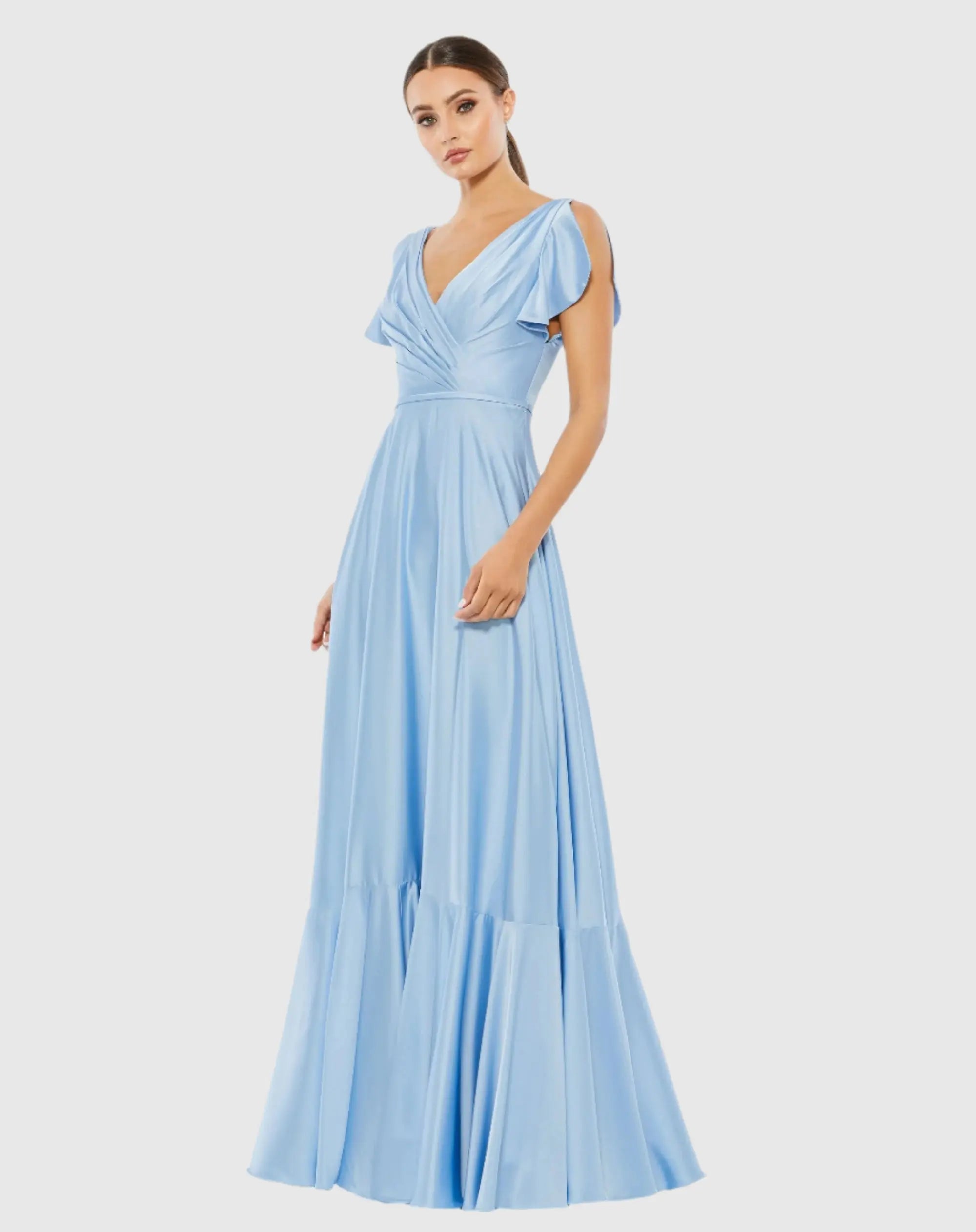 Blue Flounce Sleeve Satin Gown-Myartka