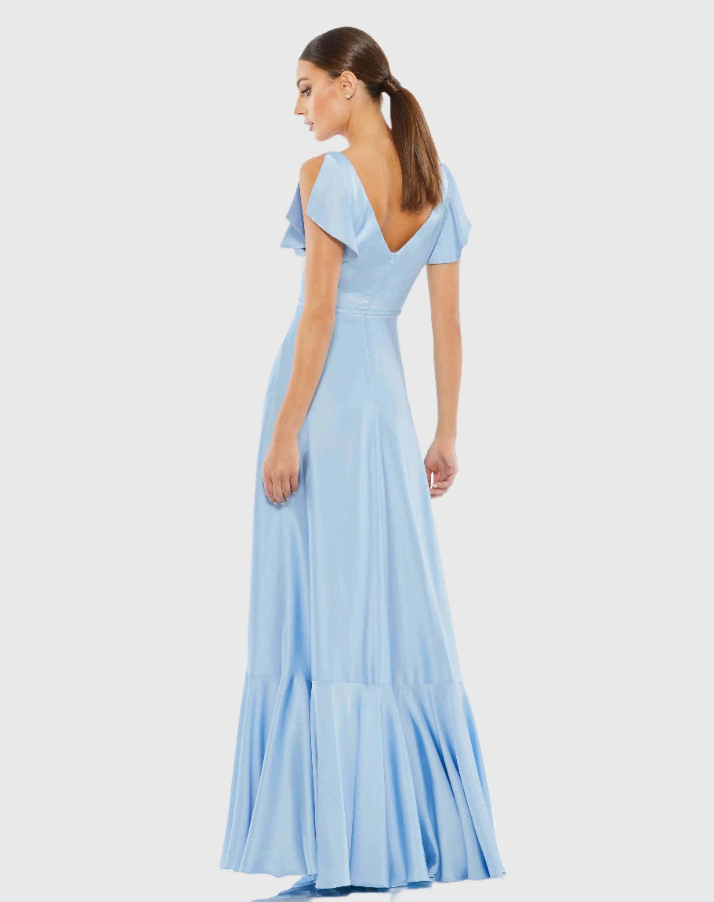 Blue Flounce Sleeve Satin Gown-Myartka