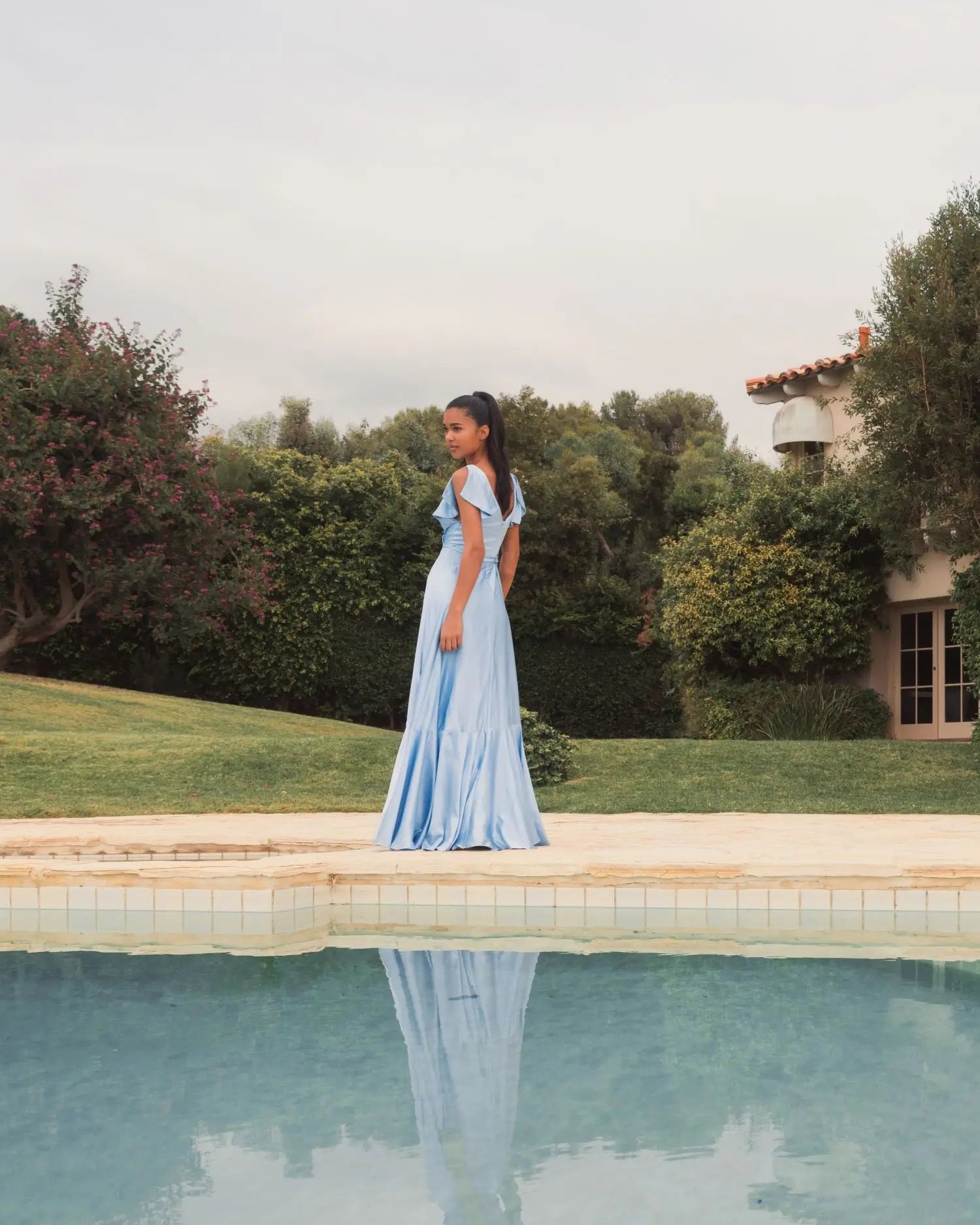 Blue Flounce Sleeve Satin Gown-Myartka