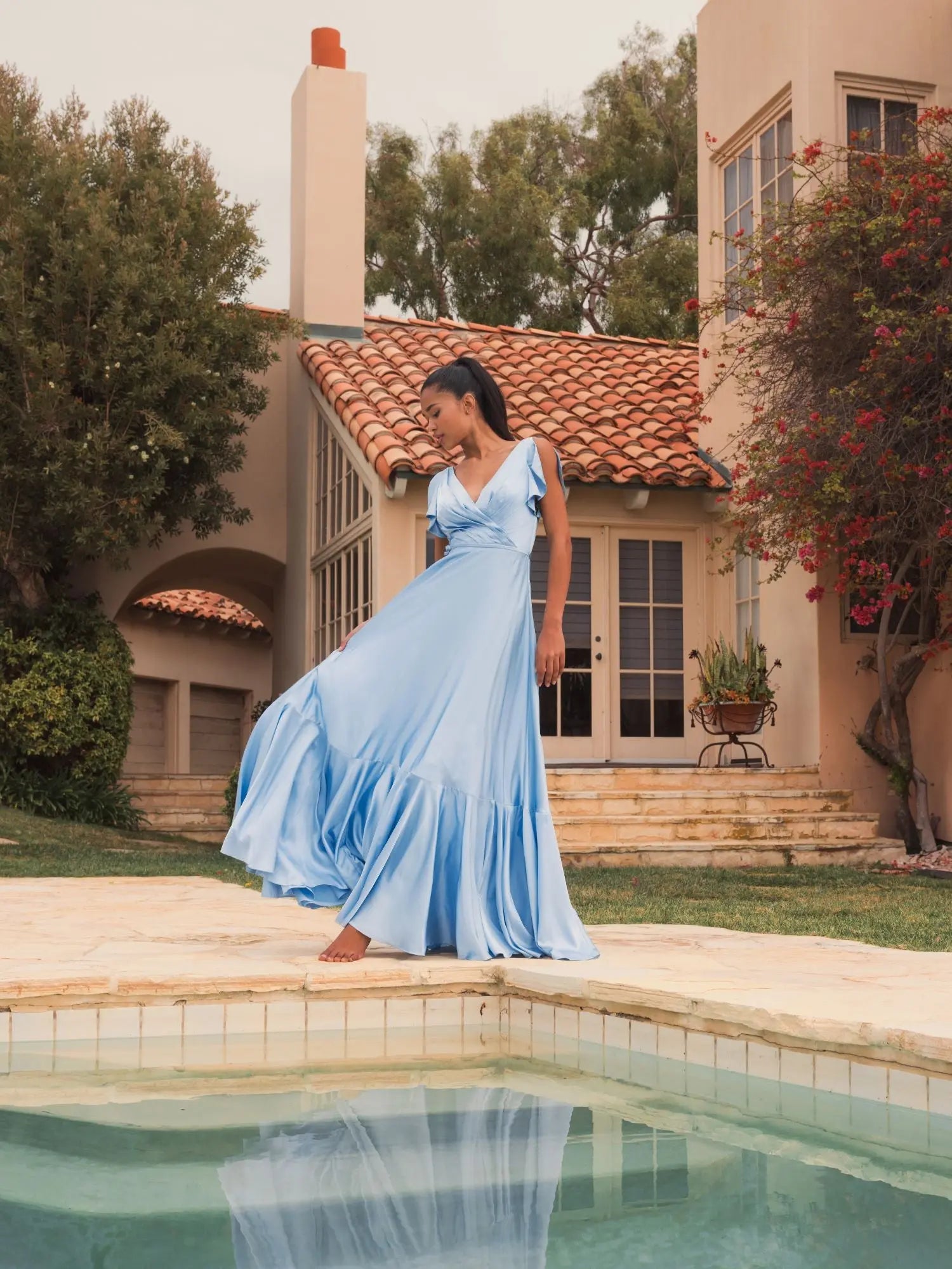 Blue Flounce Sleeve Satin Gown-Myartka