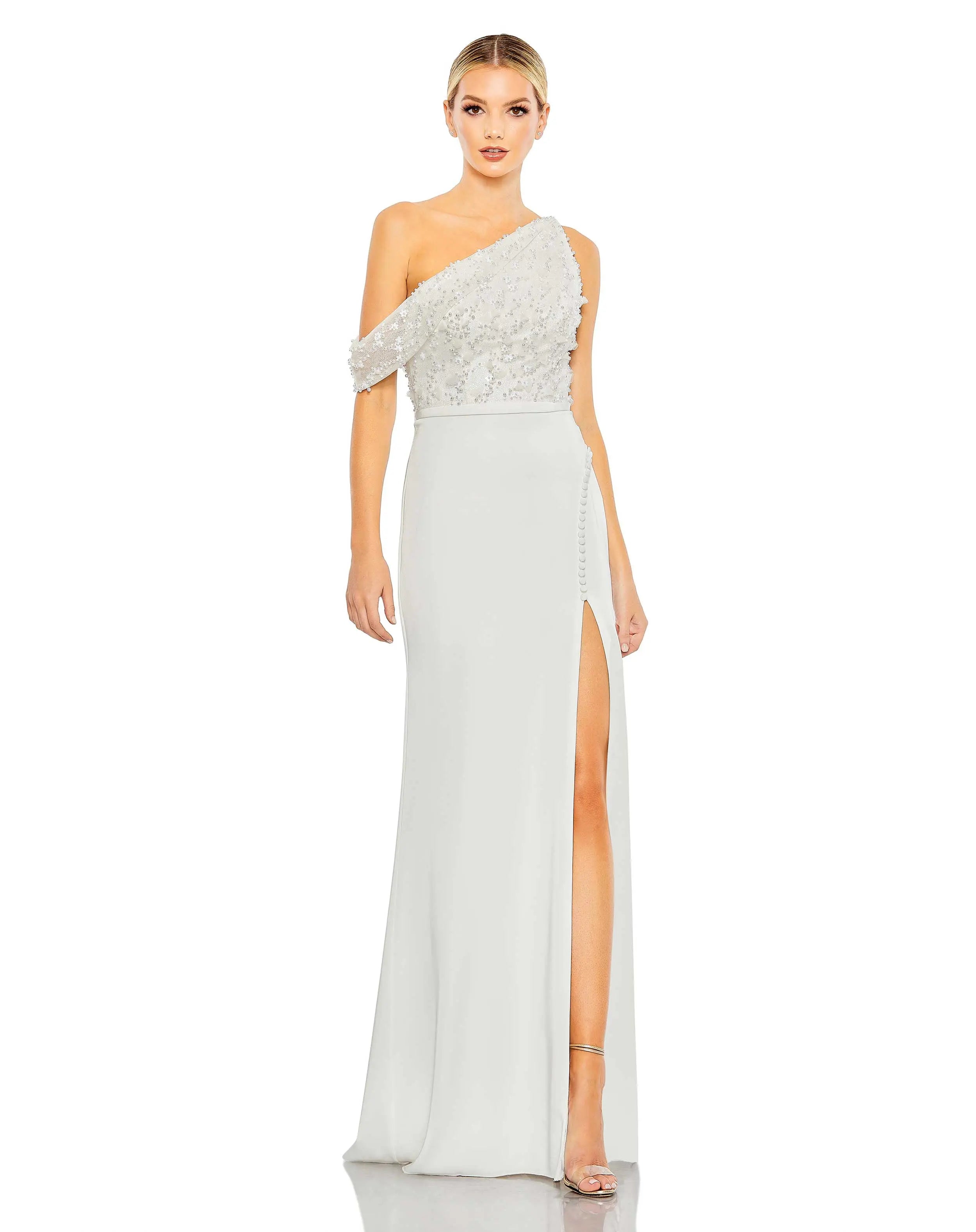 White Embellished Drop Shoulder Column Gown - FINAL SALE-Myartka