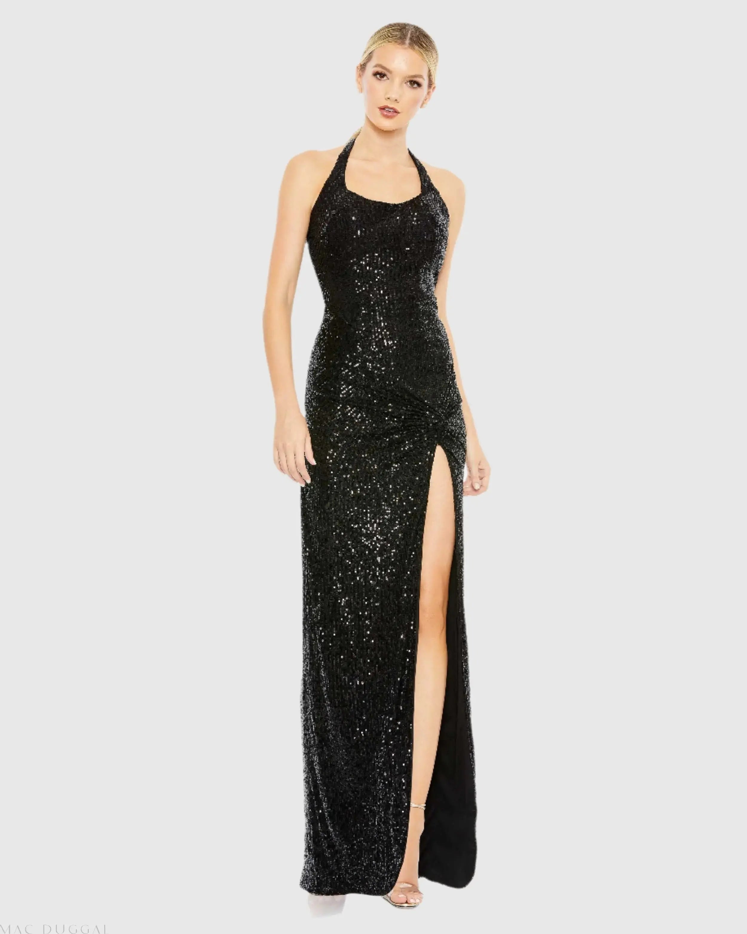 Sequined Halter Strap Low Side Knot Gown-Myartka