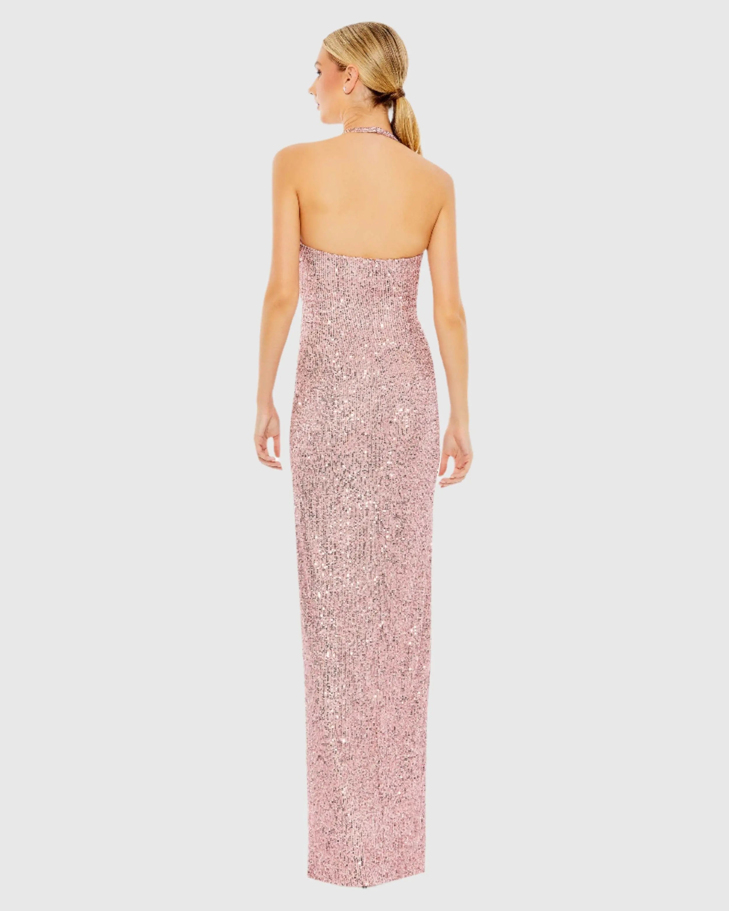 Pink Sequined Halter Strap Low Side Knot Gown-Myartka