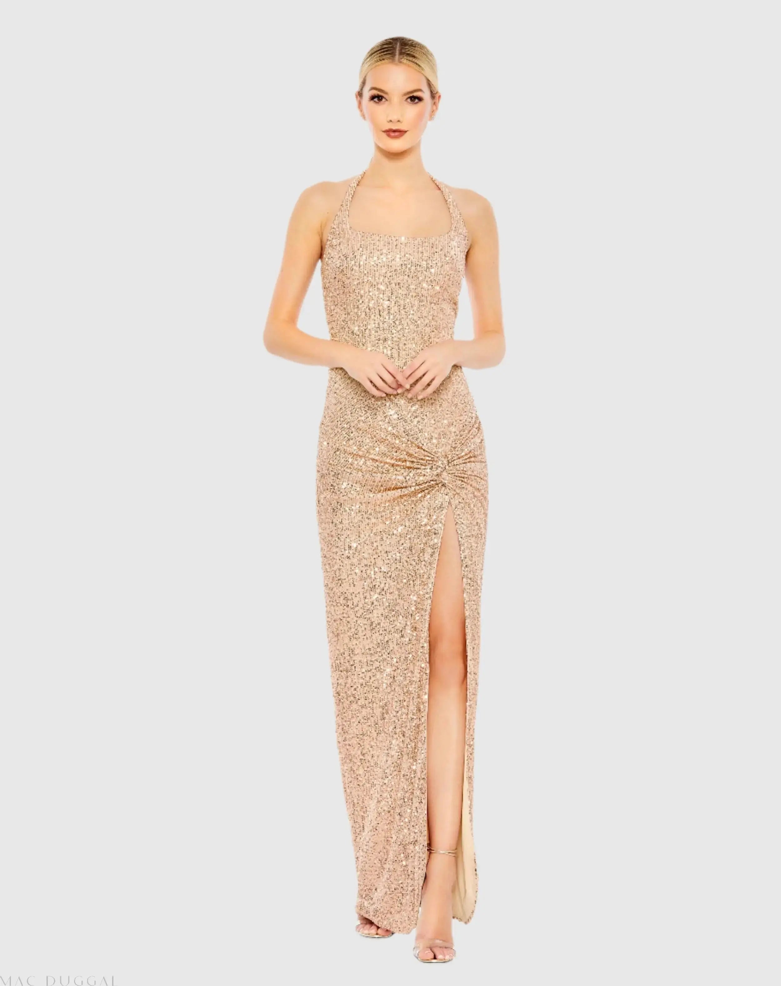 Gold Sequined Halter Strap Low Side Knot Gown-Myartka