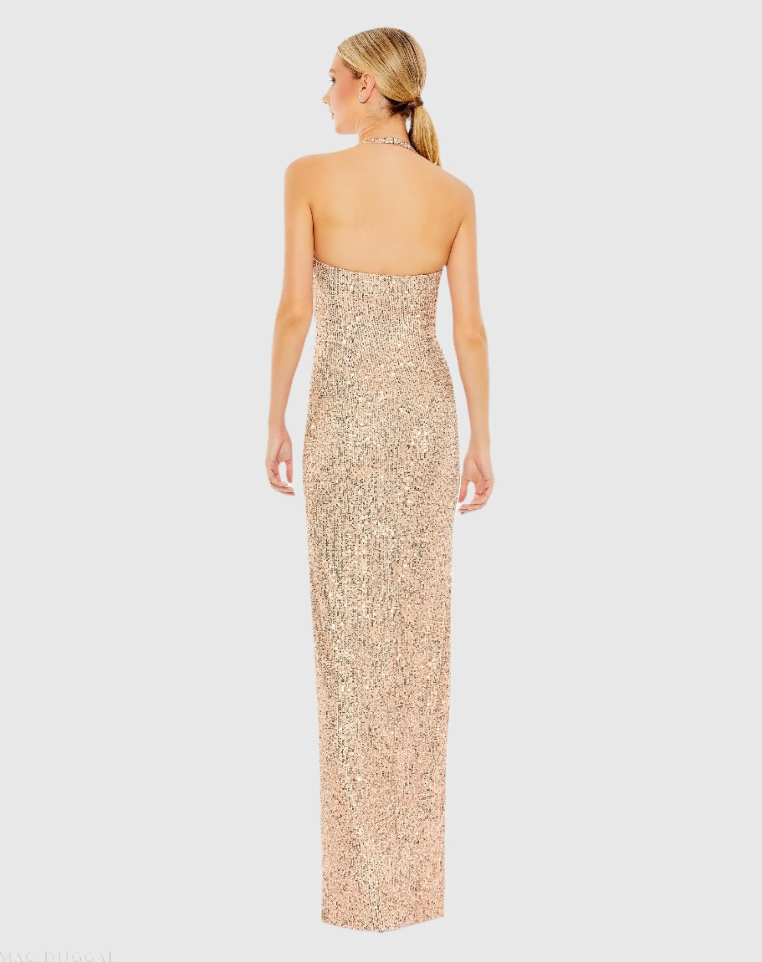 Gold Sequined Halter Strap Low Side Knot Gown-Myartka