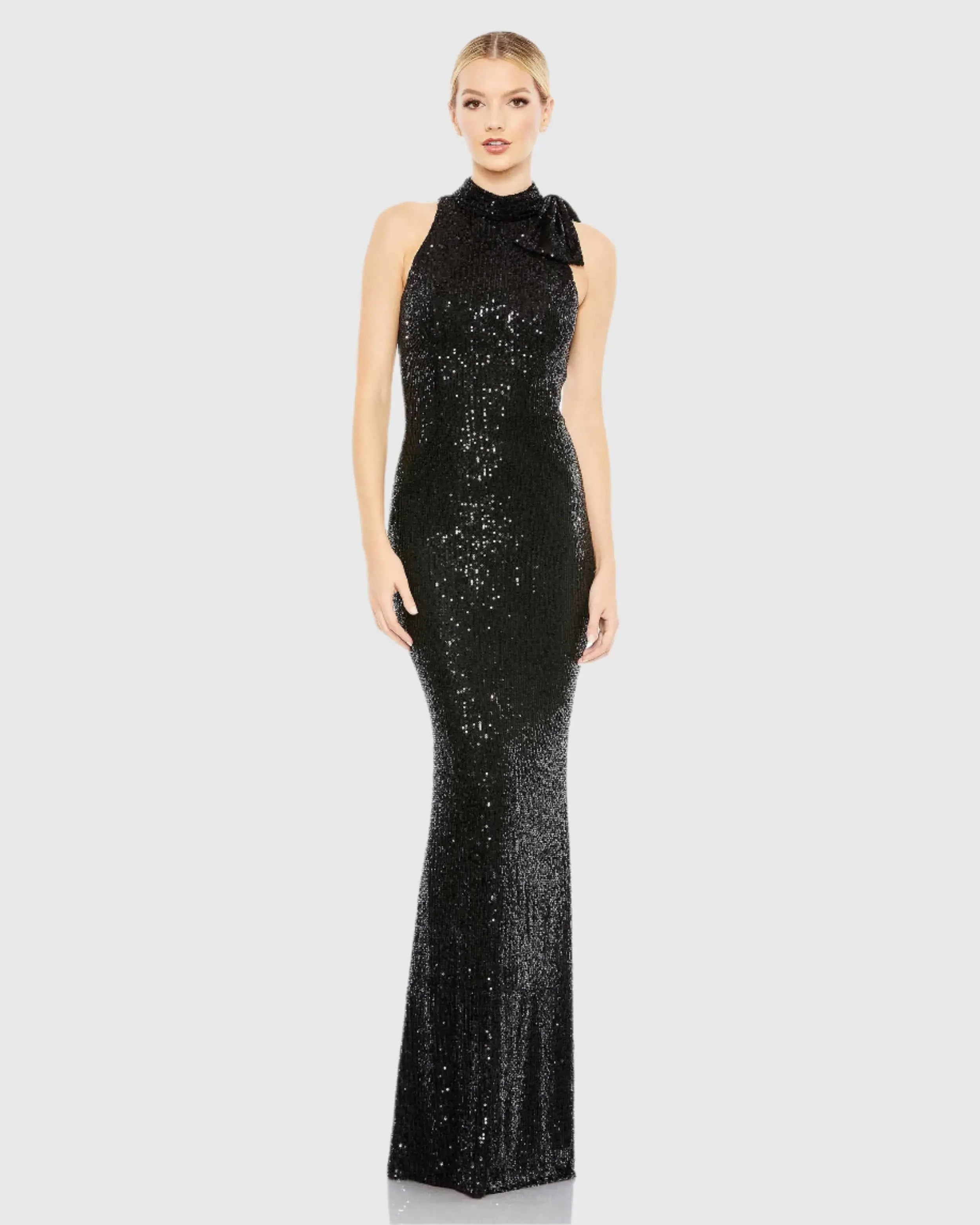Sequined Soft Tie Halter Neck Column Gown-Myartka