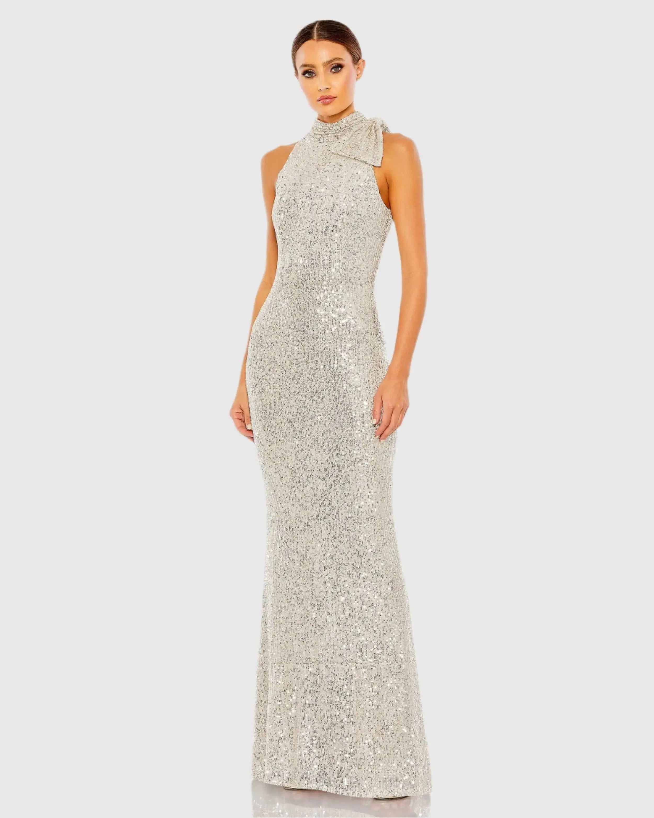 Silver Soft Tie Halter Neck Sequin Gown-Myartka