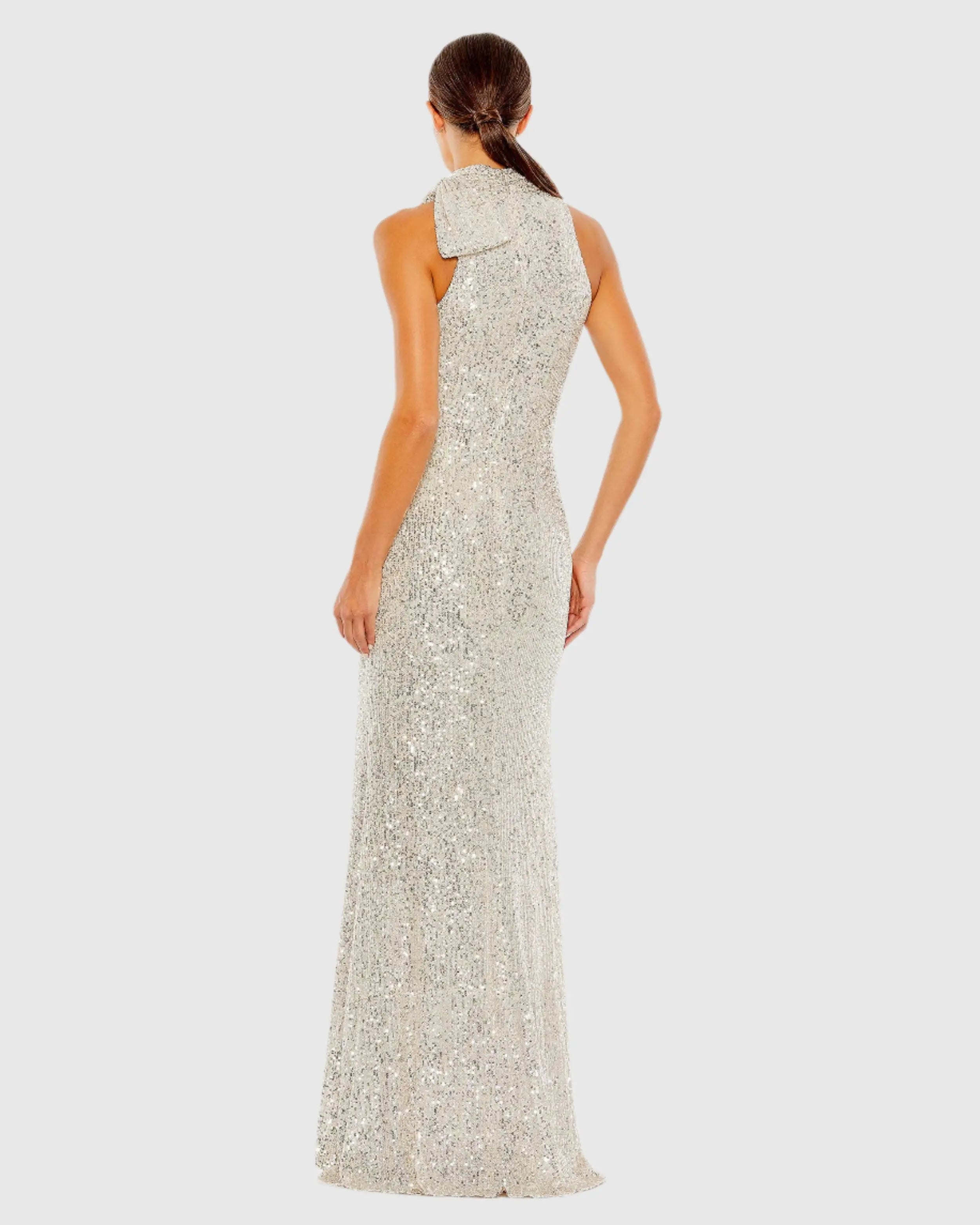 Silver Soft Tie Halter Neck Sequin Gown-Myartka