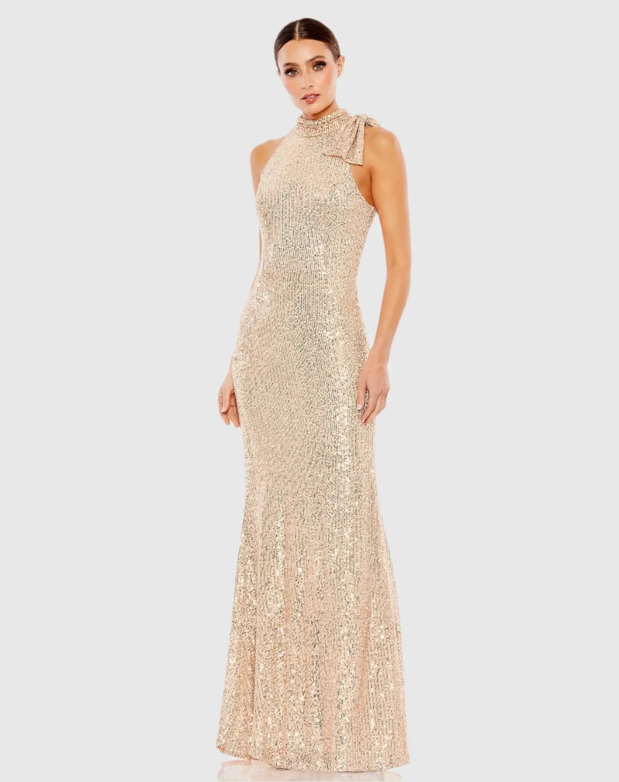 Sequined Soft Tie Halter Neck Column Gown-Myartka