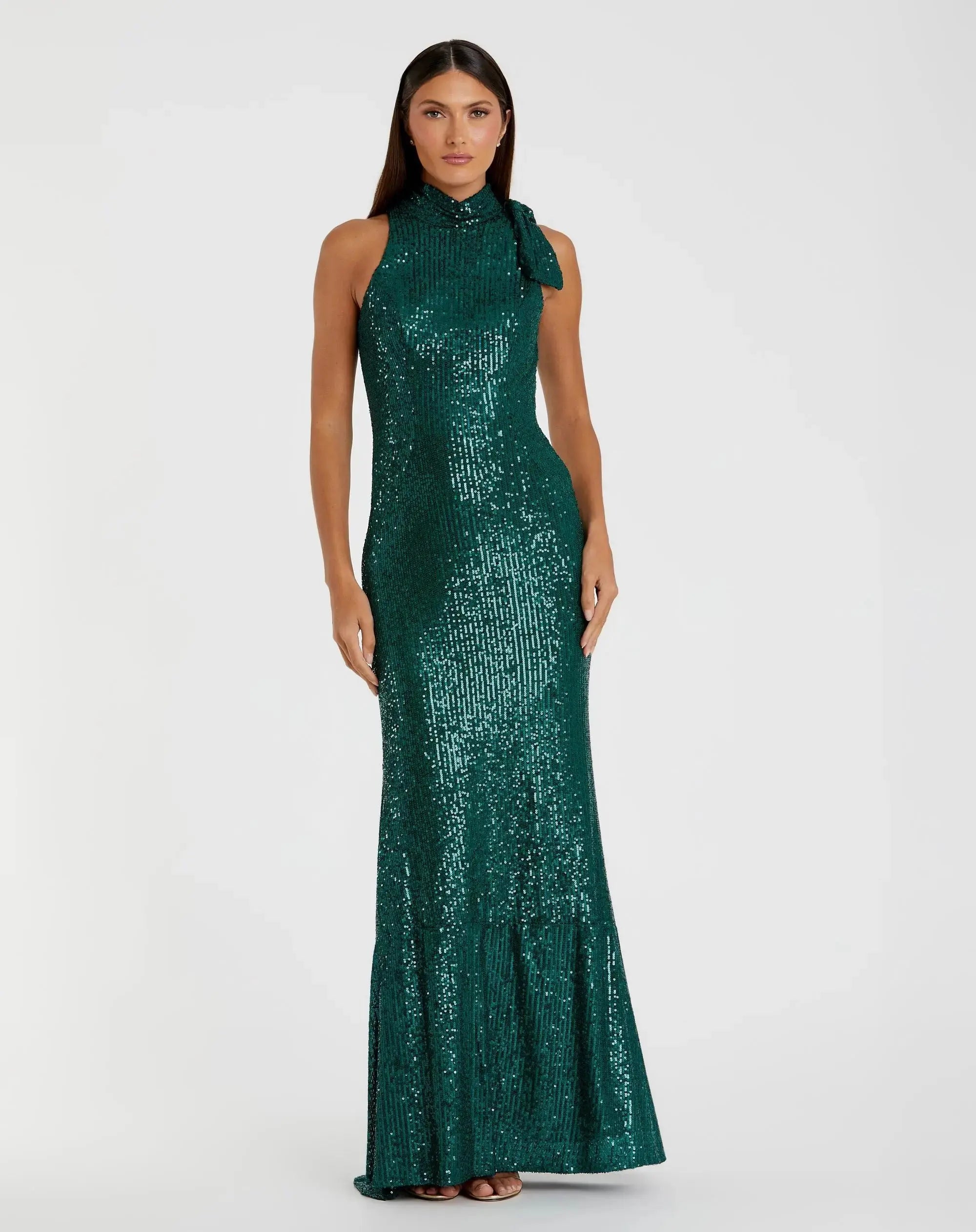 Sequined Soft Tie Halter Neck Column Gown-Myartka