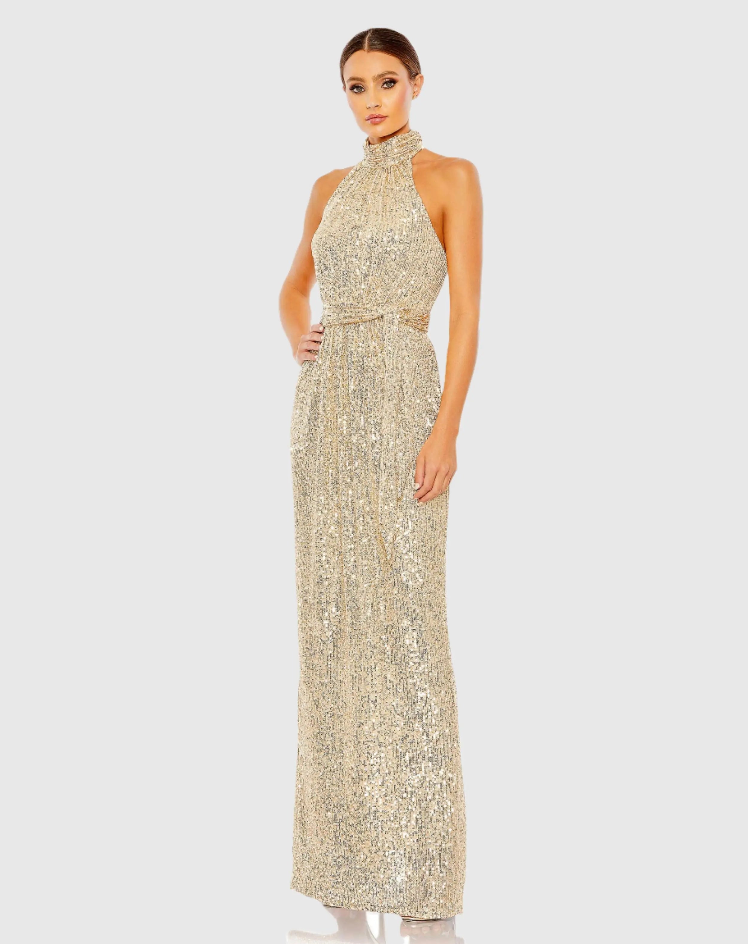 Gold Sequin Halter Neck Column Gown with Tie Belt-Myartka