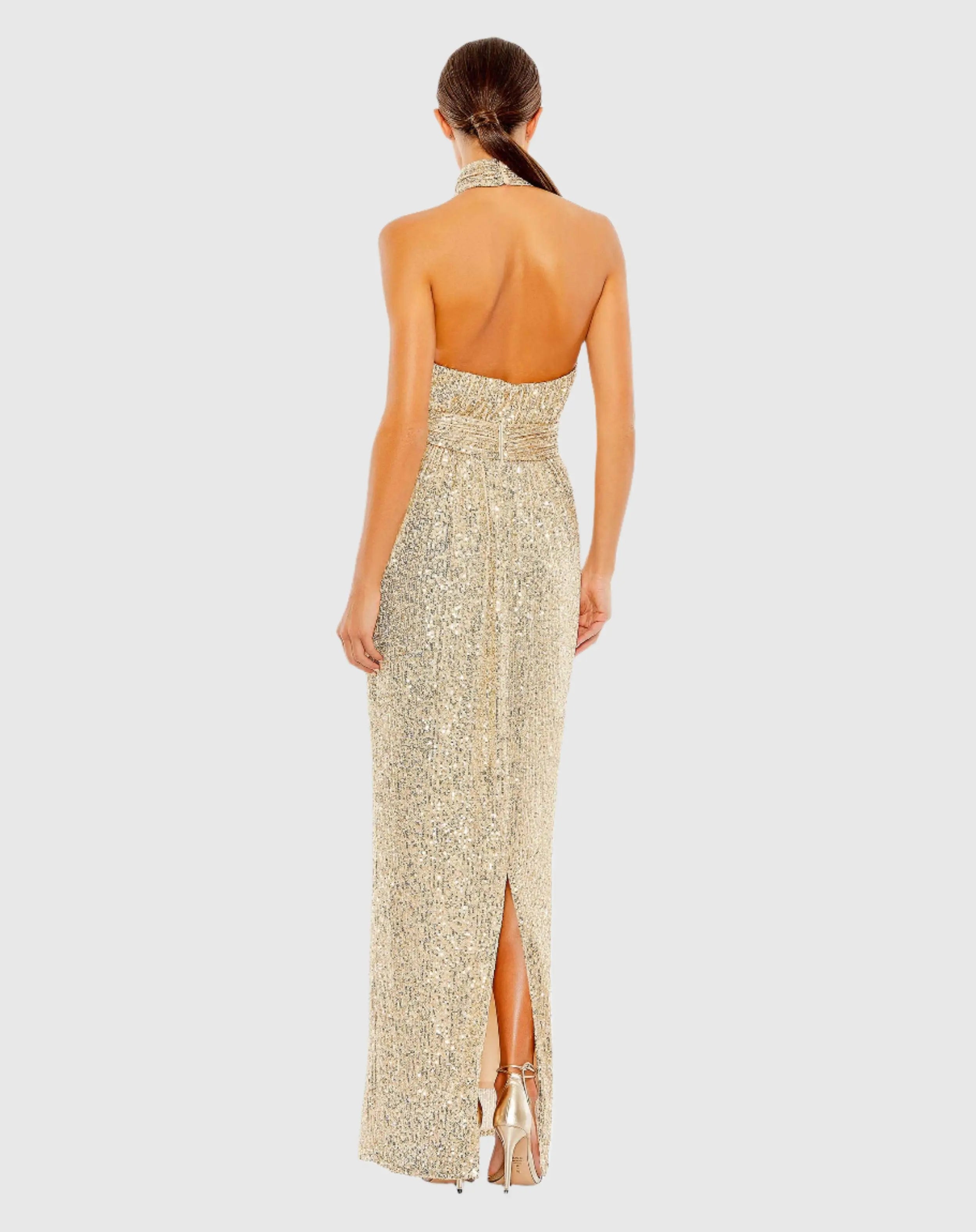 Gold Sequin Halter Neck Column Gown with Tie Belt-Myartka