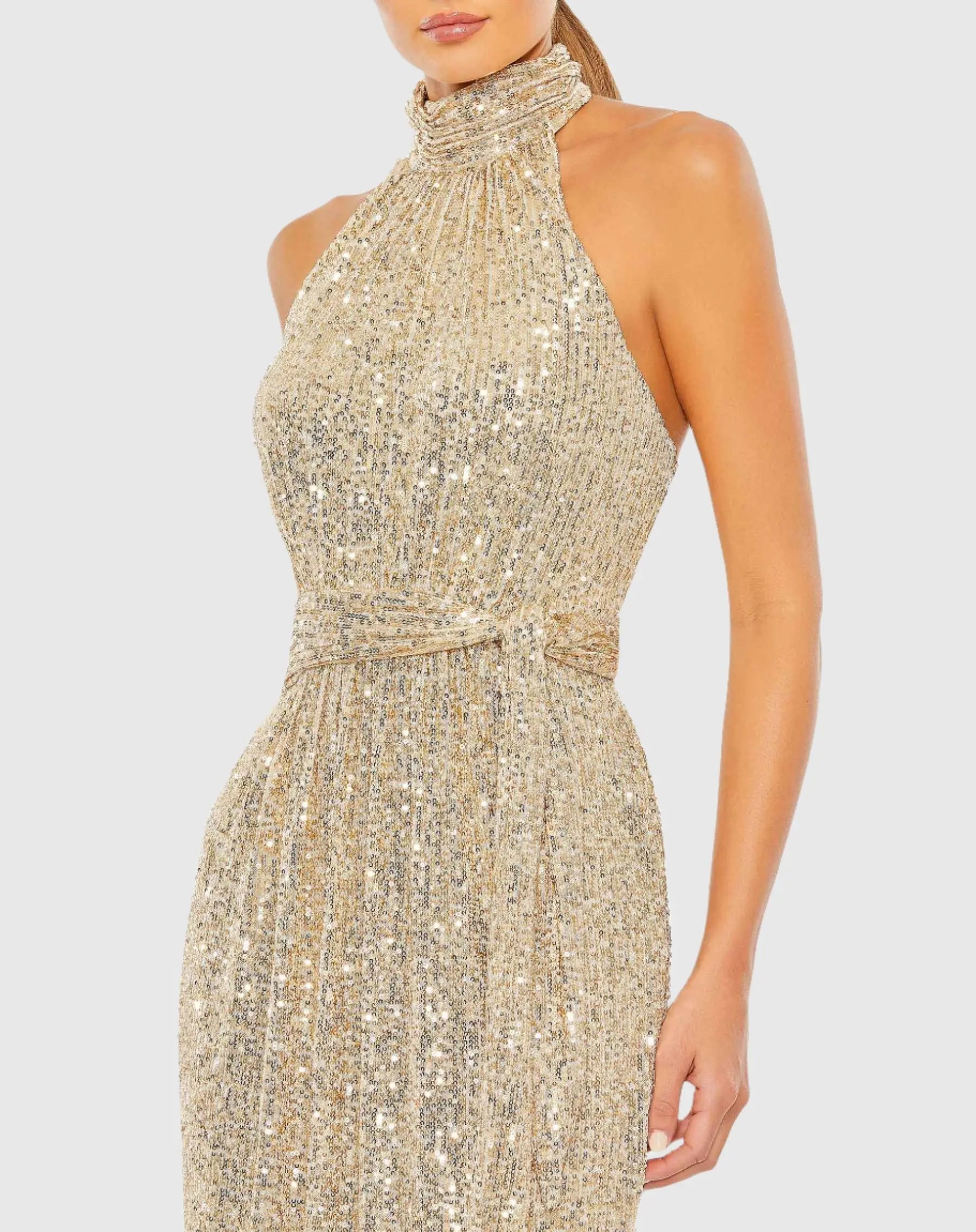 Gold Sequin Halter Neck Column Gown with Tie Belt-Myartka