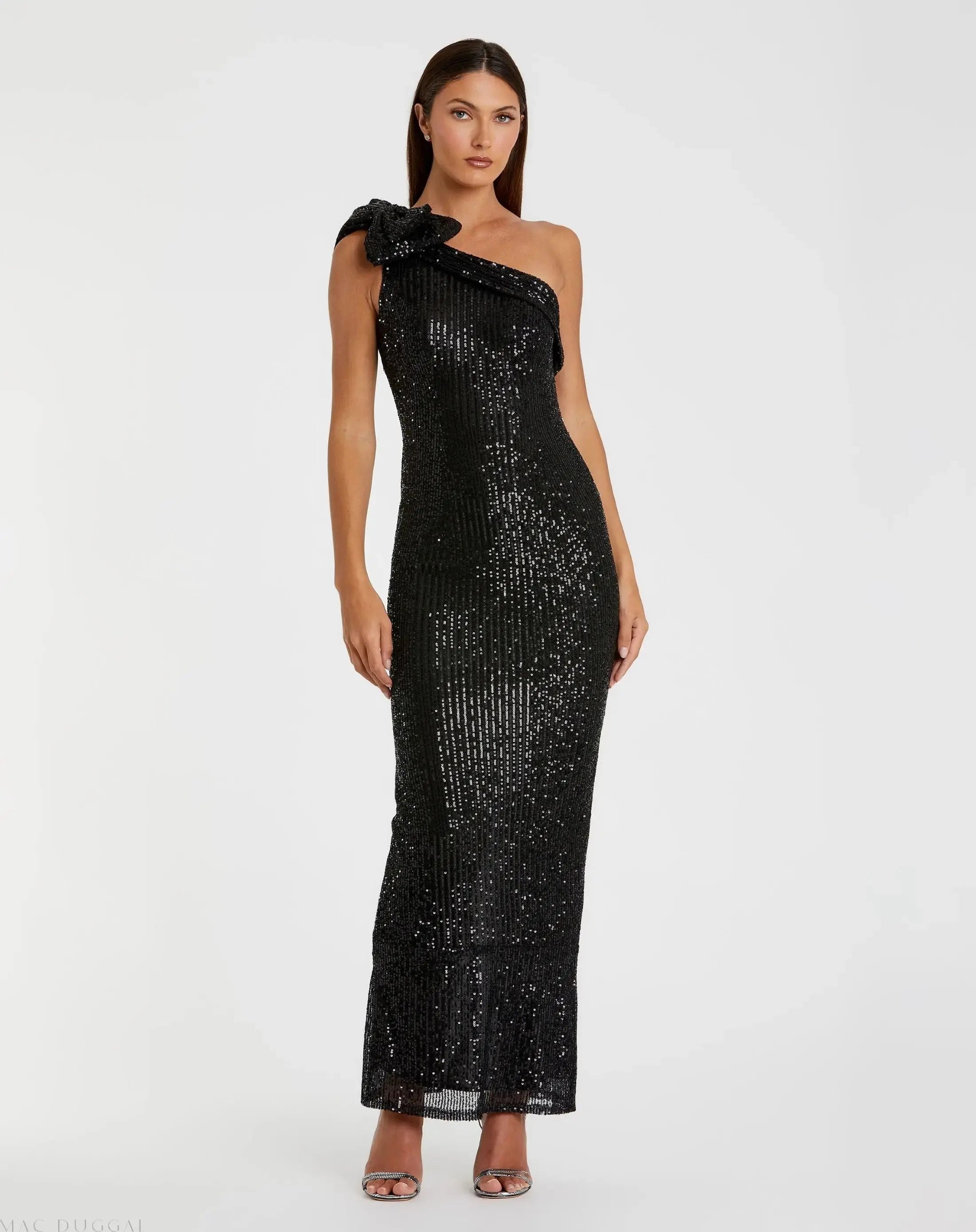 Sequined Bow One Shoulder Column Gown-Myartka