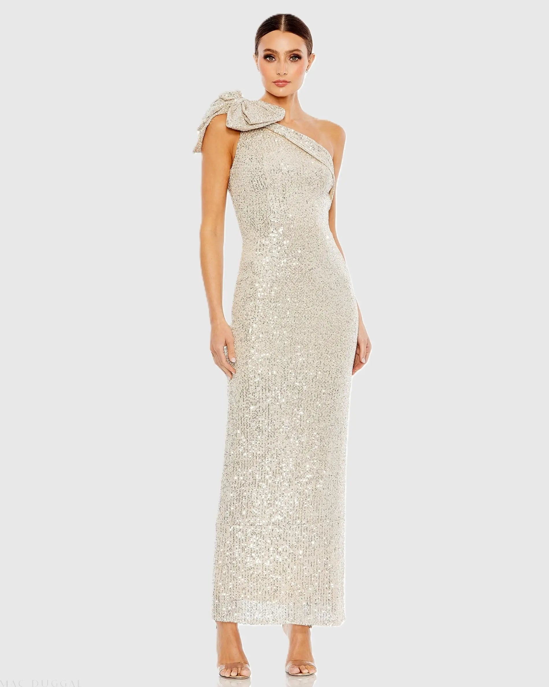 Sequined Bow One Shoulder Column Gown-Myartka