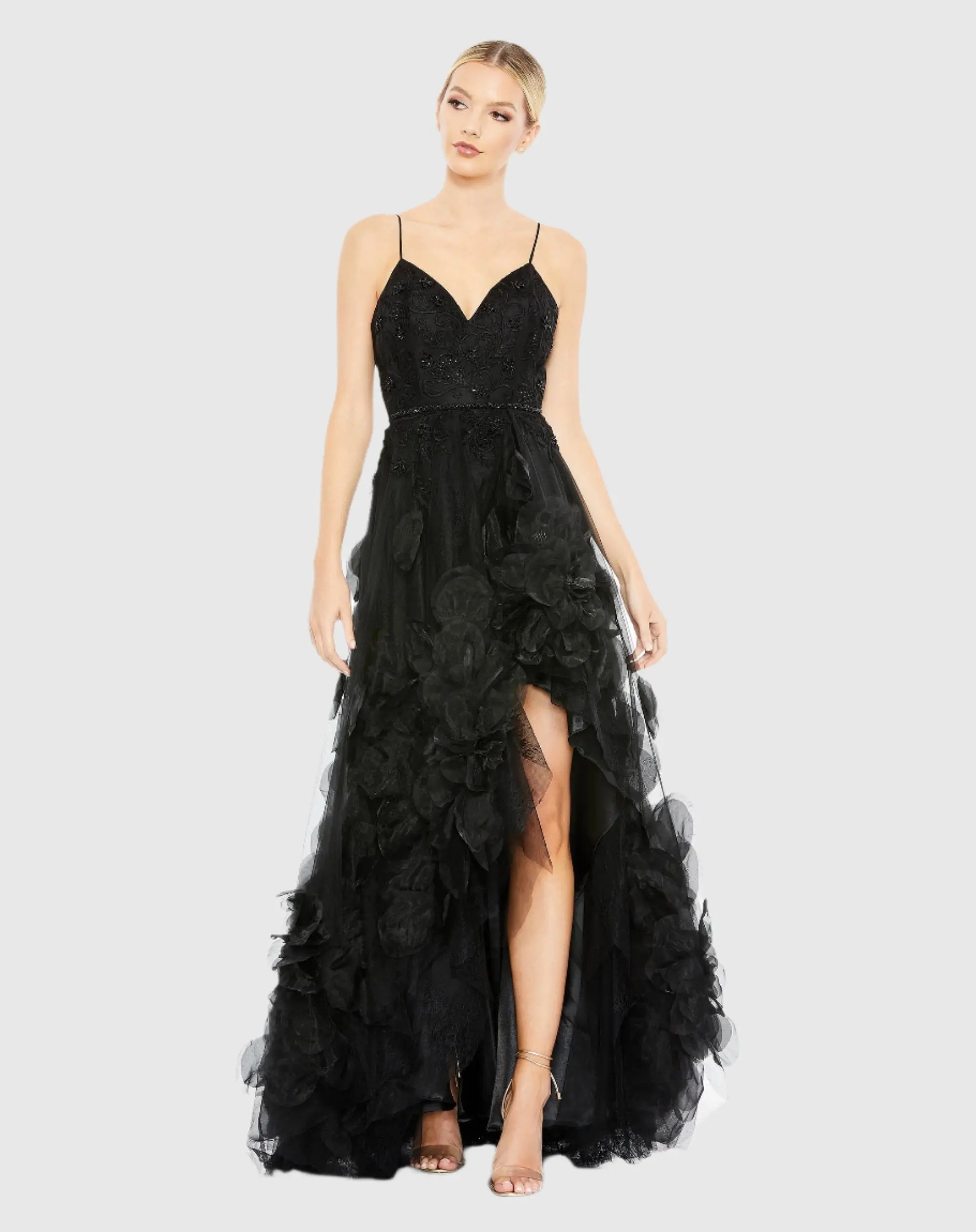 Black Embellished Floral High Low Sleeveless Gown-Myartka