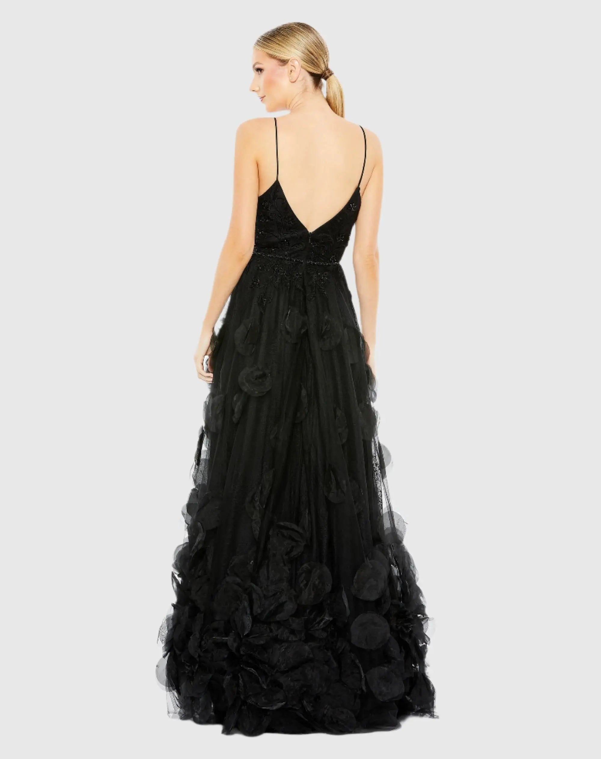 Black Embellished Floral High Low Sleeveless Gown-Myartka