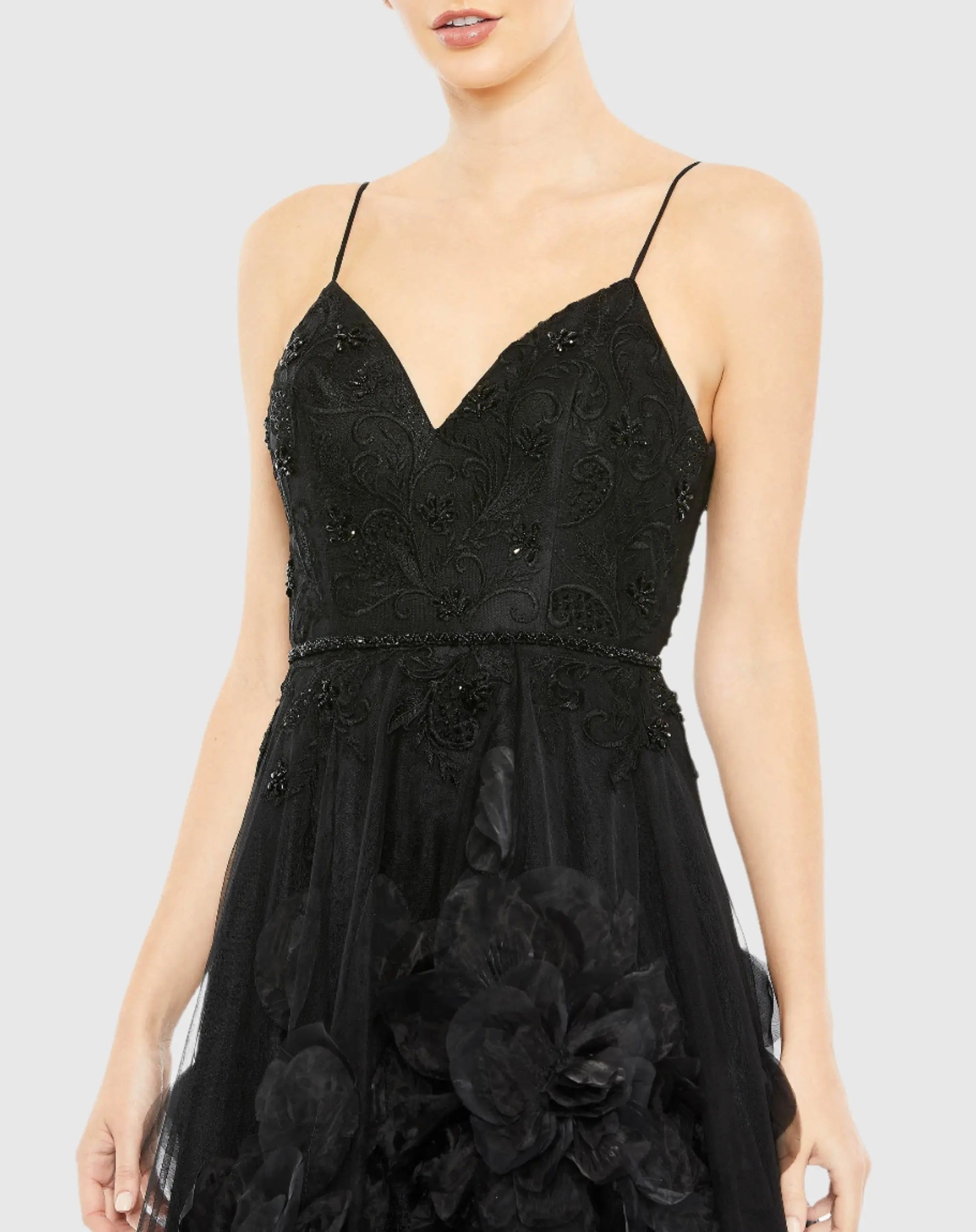 Black Embellished Floral High Low Sleeveless Gown-Myartka