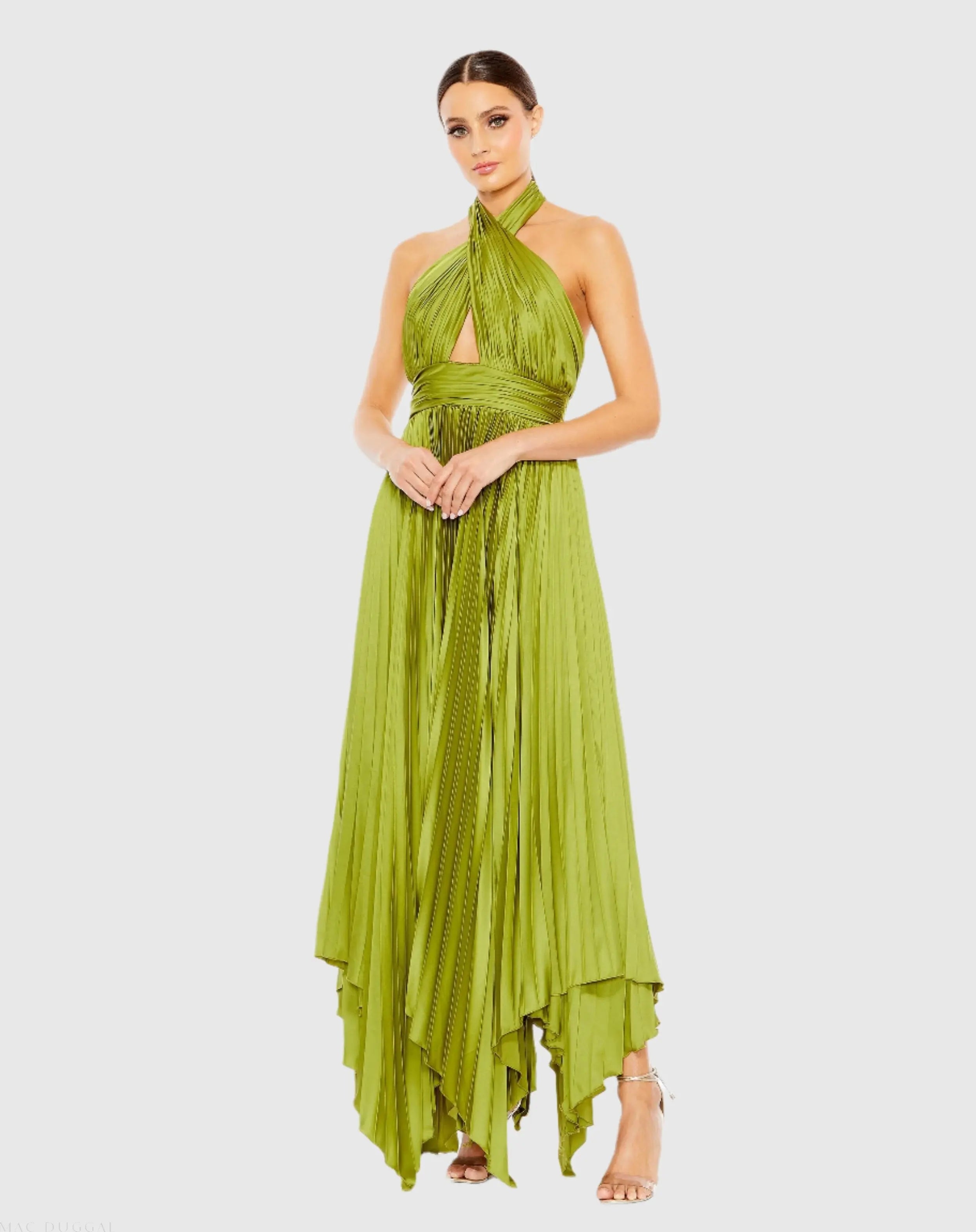 Green Pleated Halter Neck Asymmetrical Hem Gown-Myartka