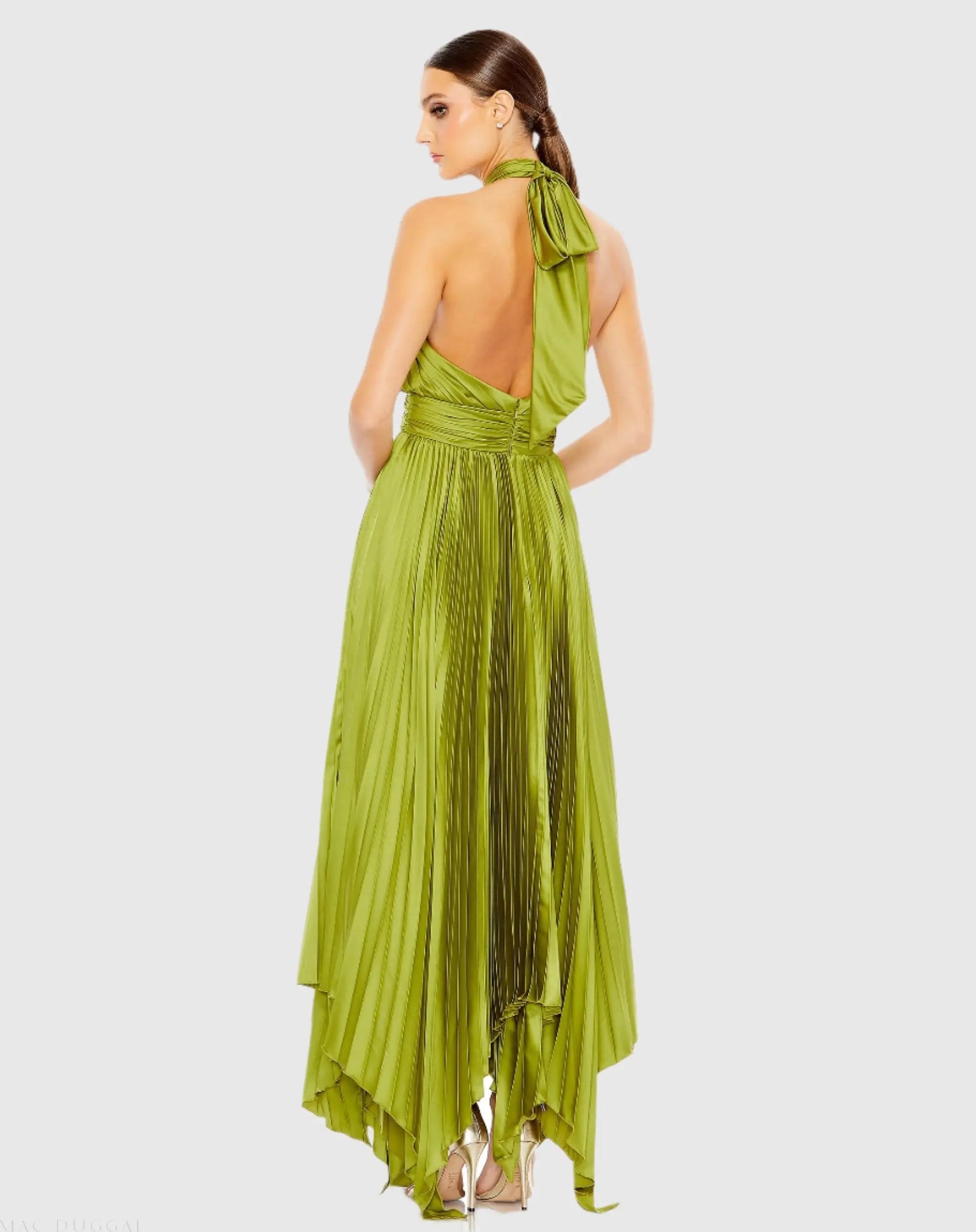 Green Pleated Halter Neck Asymmetrical Hem Gown-Myartka