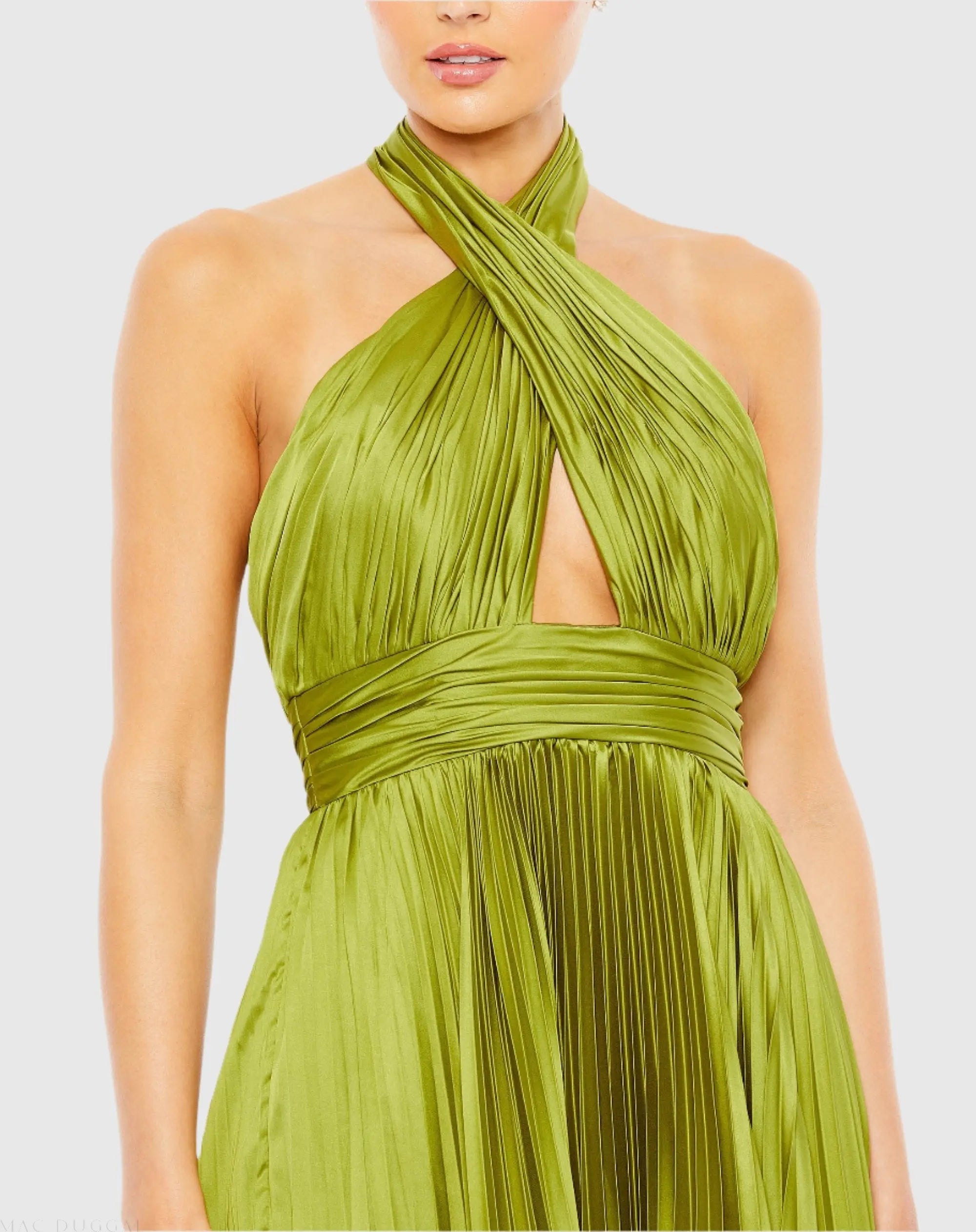 Green Pleated Halter Neck Asymmetrical Hem Gown-Myartka