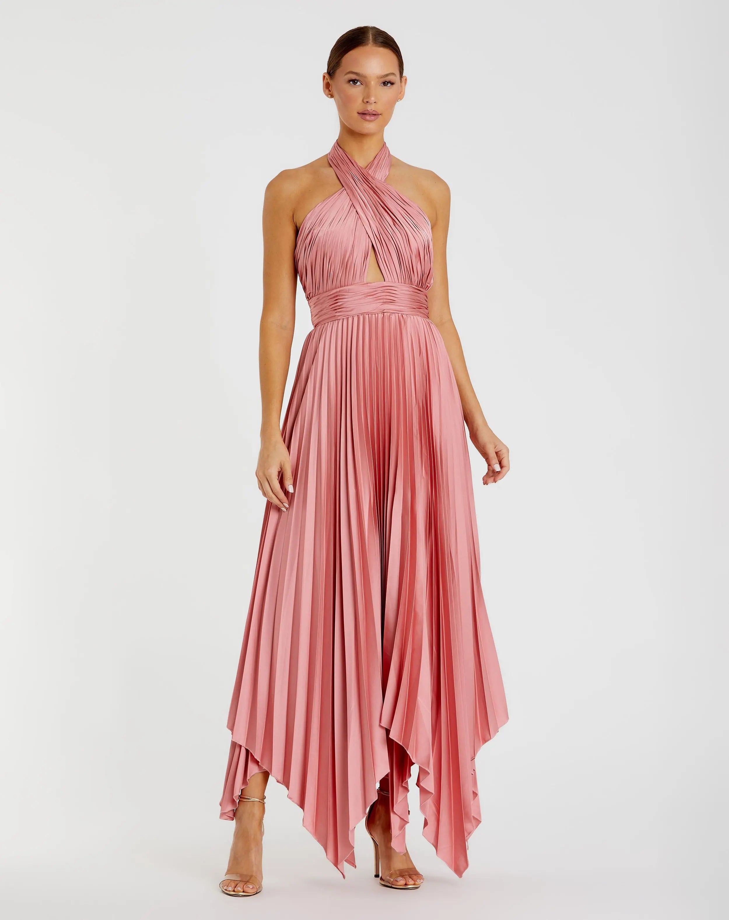 Pink Pleated Halter Neck Asymmetrical Hem Gown - FINAL SALE-Myartka