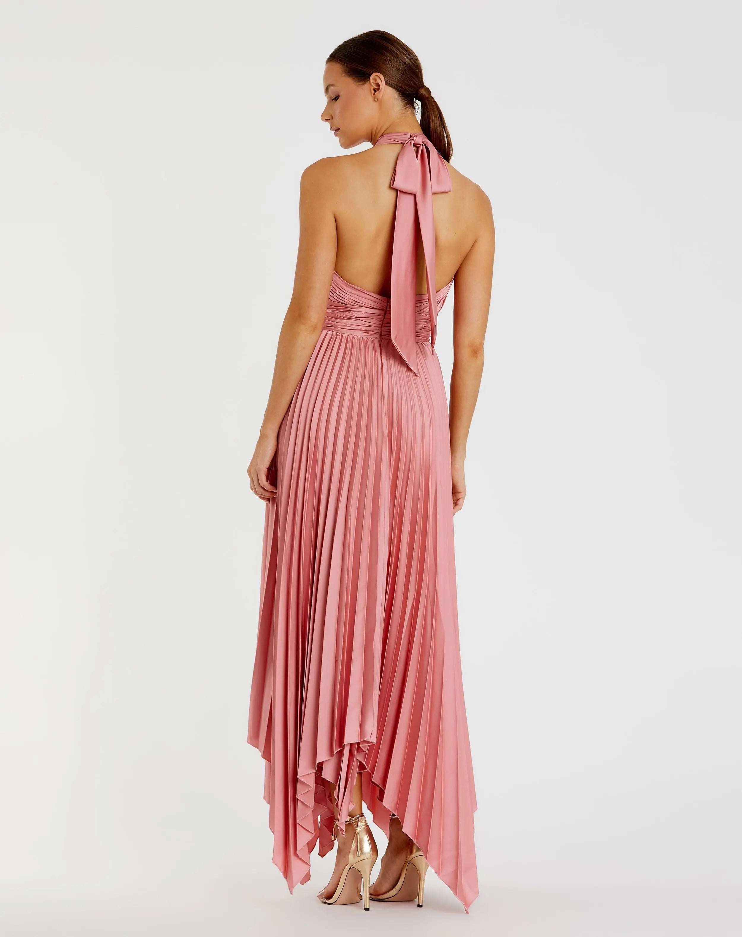 Pink Pleated Halter Neck Asymmetrical Hem Gown - FINAL SALE-Myartka