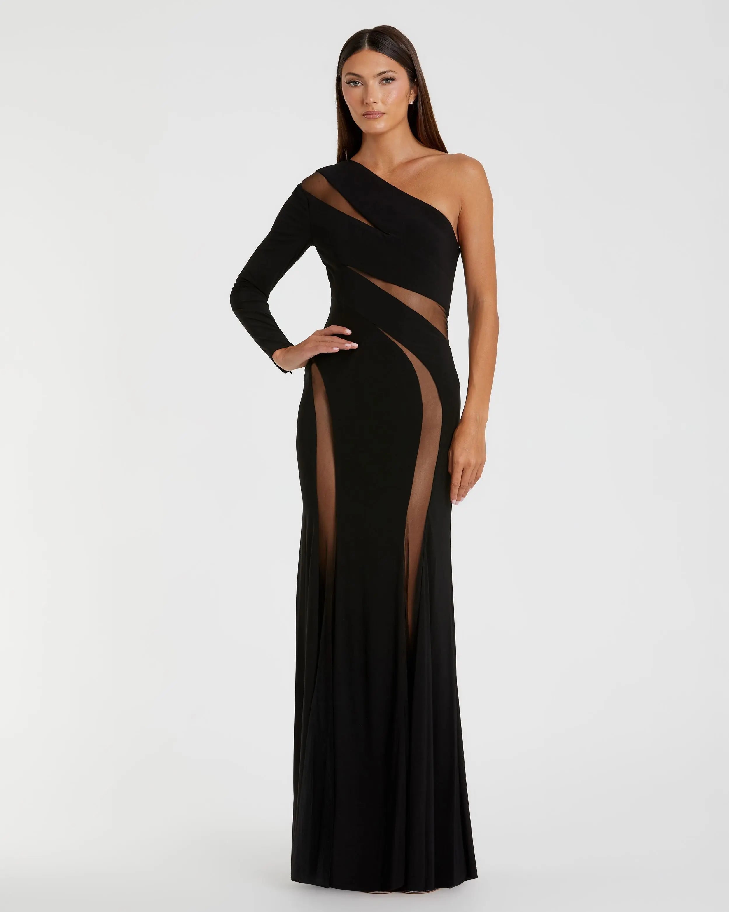 Black Jersey One Shoulder Illusion Cut Out Gown-Myartka