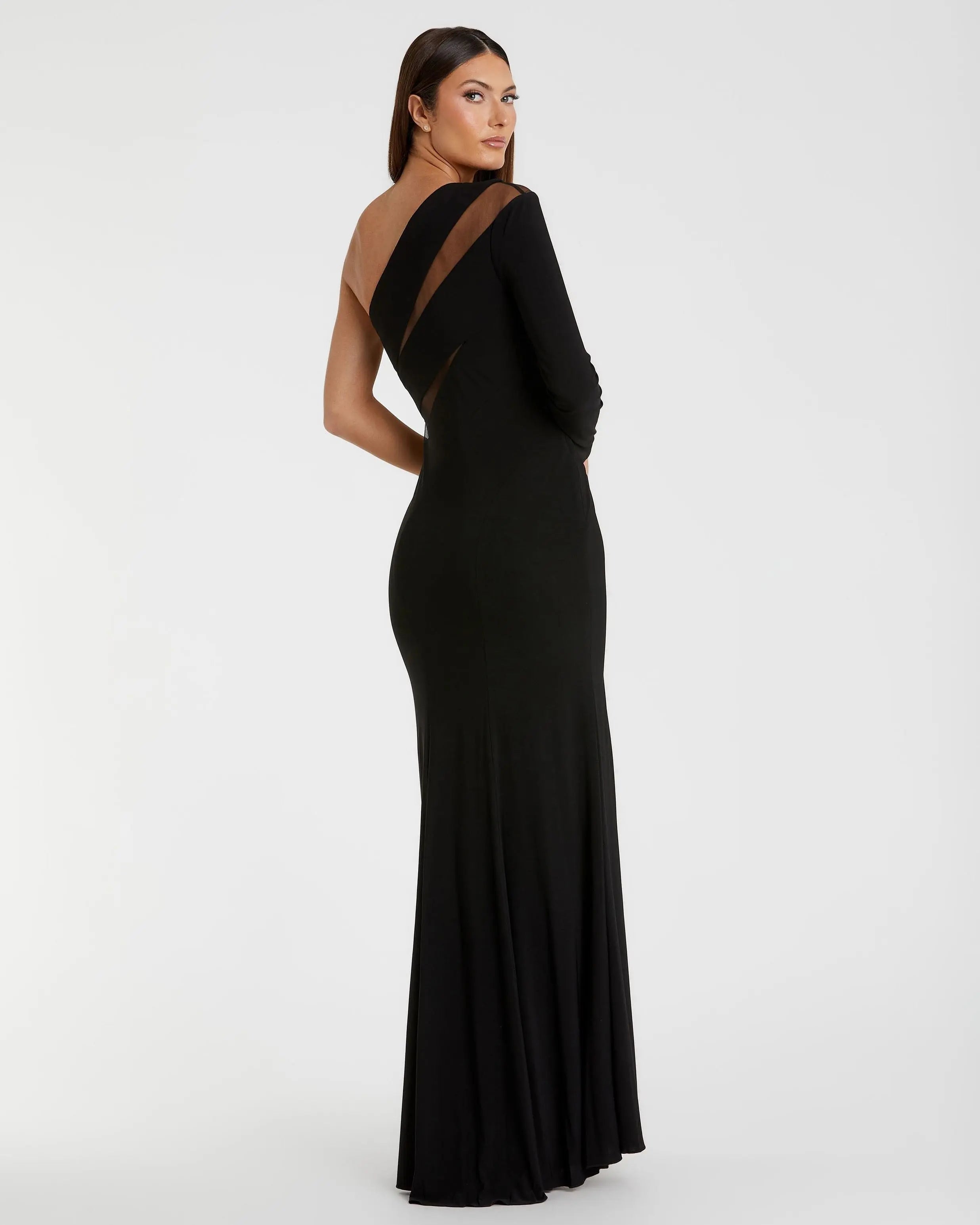 Black Jersey One Shoulder Illusion Cut Out Gown-Myartka