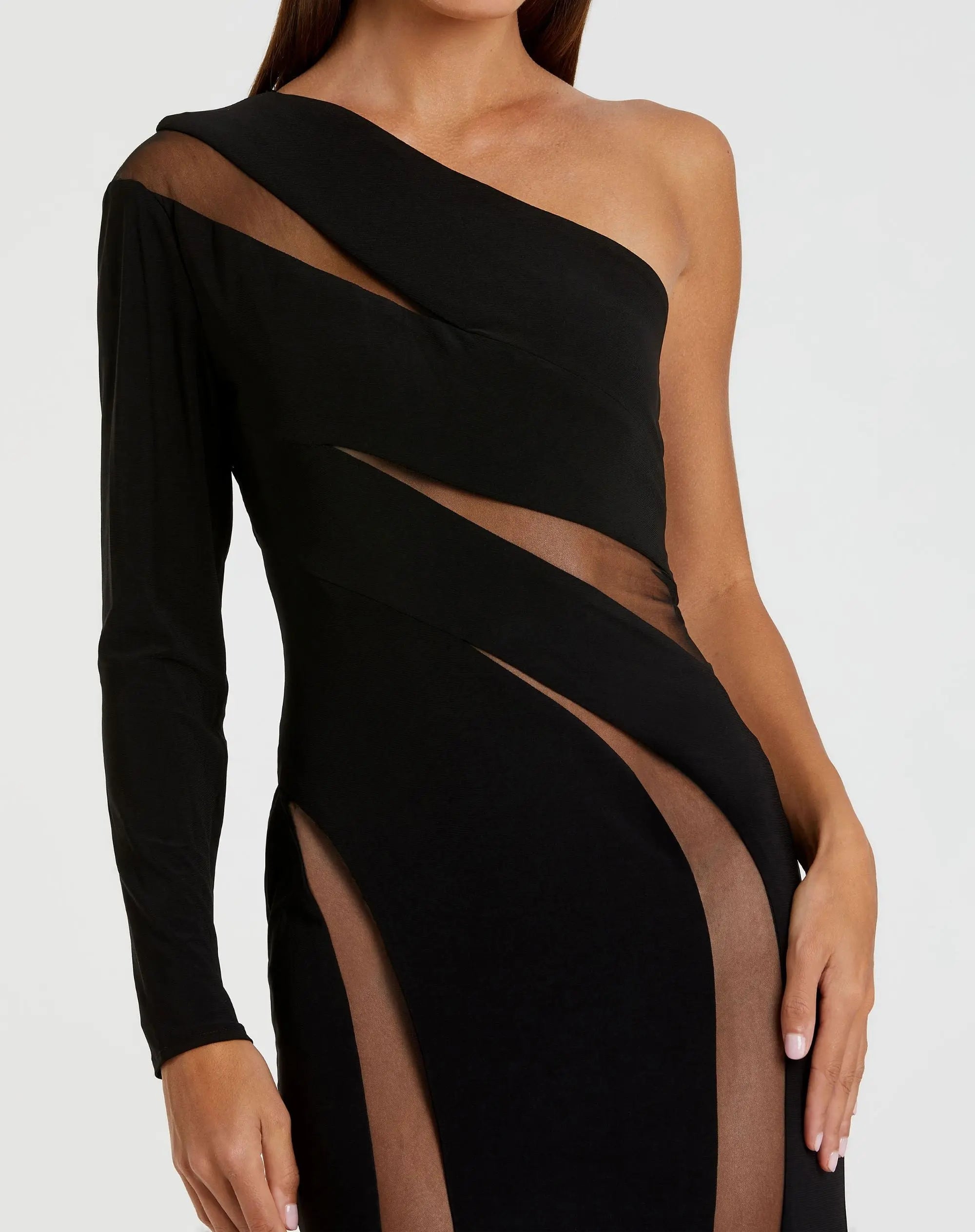 Black Jersey One Shoulder Illusion Cut Out Gown-Myartka