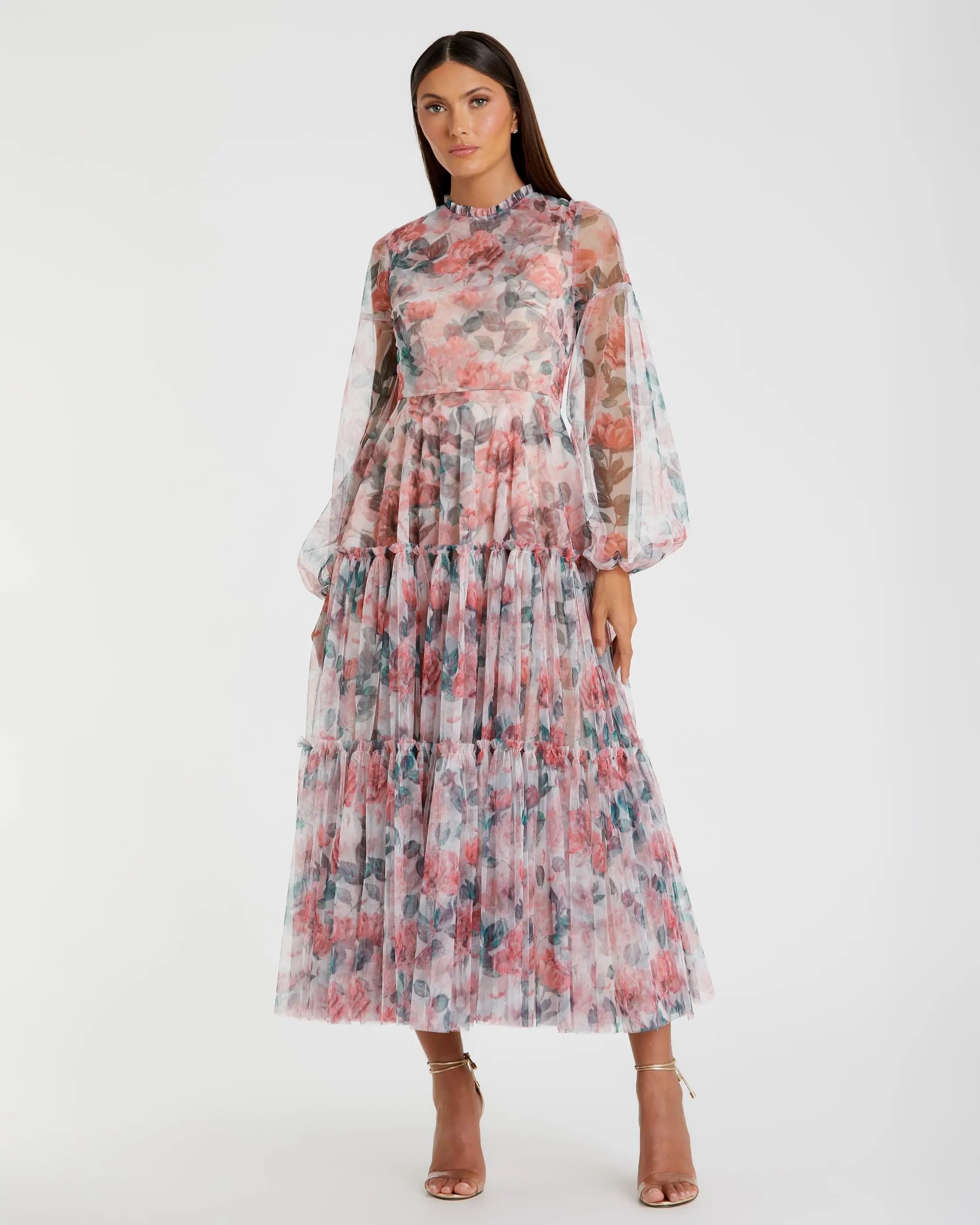 Multicolor Floral High Neck Balloon Sleeve Midi Dress-Myartka