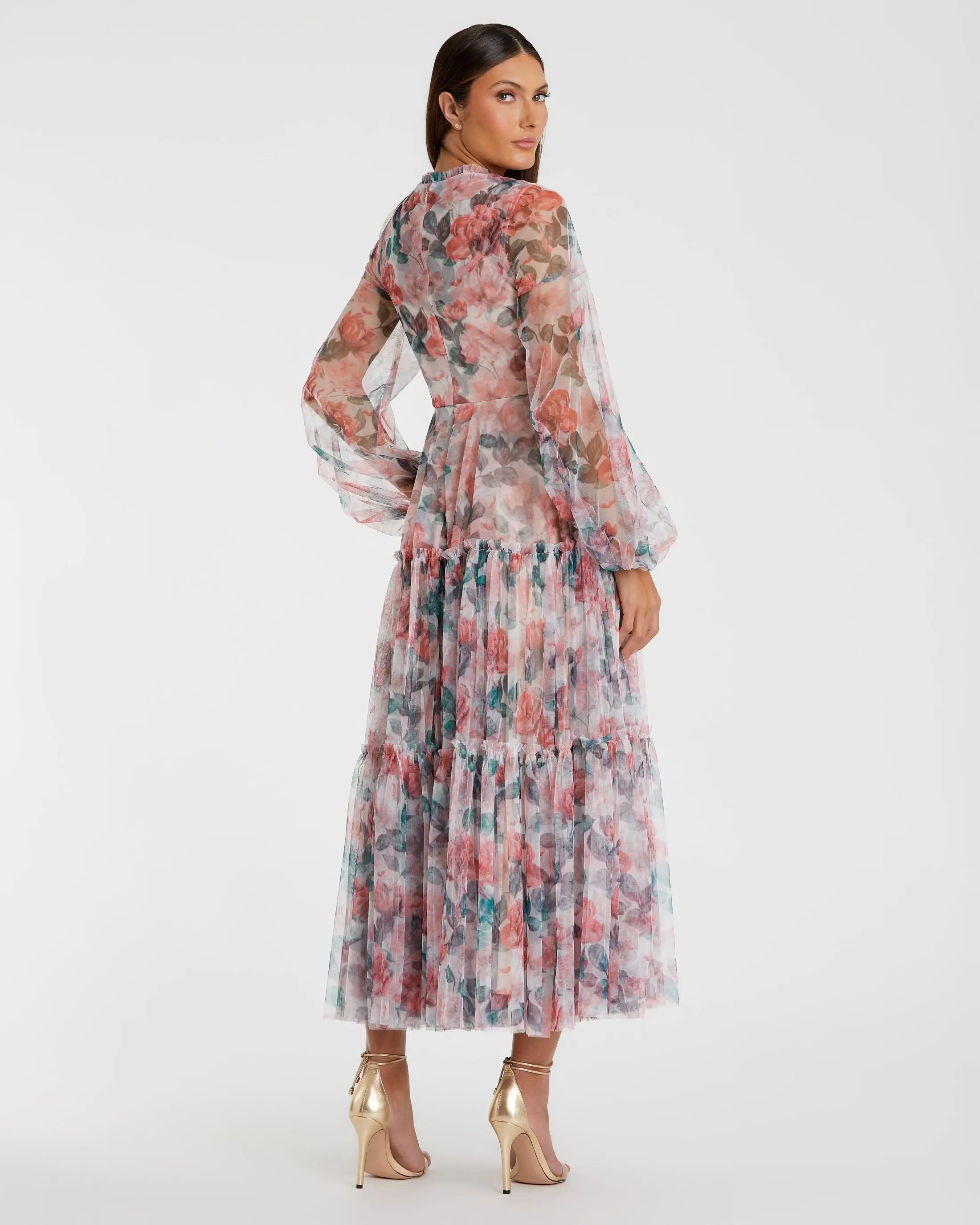 Multicolor Floral High Neck Balloon Sleeve Midi Dress-Myartka