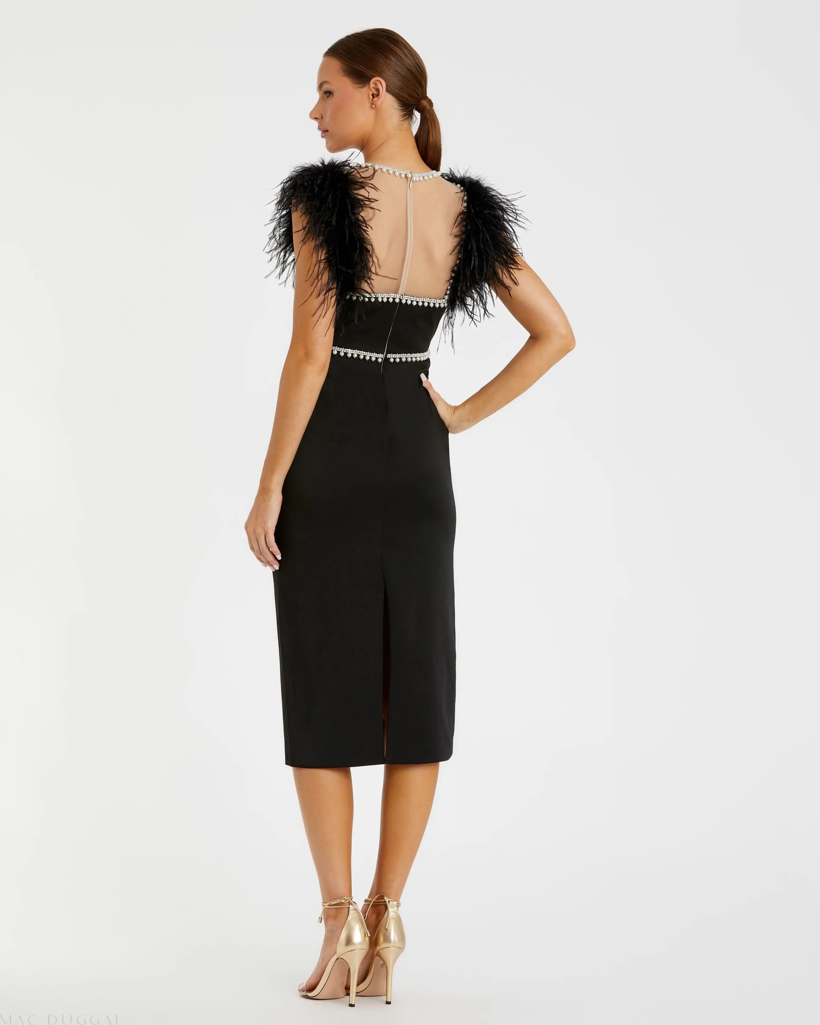 Black Feather Cap Sleeve Pearl Embellished Tea-length Dress-Myartka