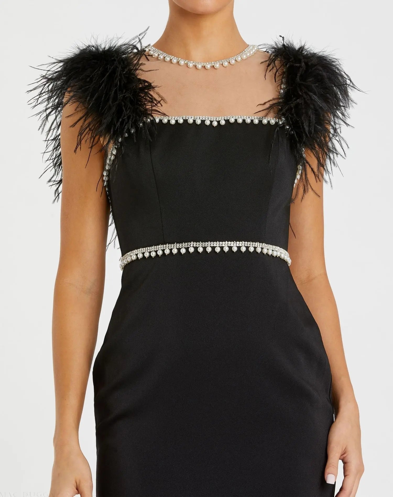 Black Feather Cap Sleeve Pearl Embellished Tea-length Dress-Myartka