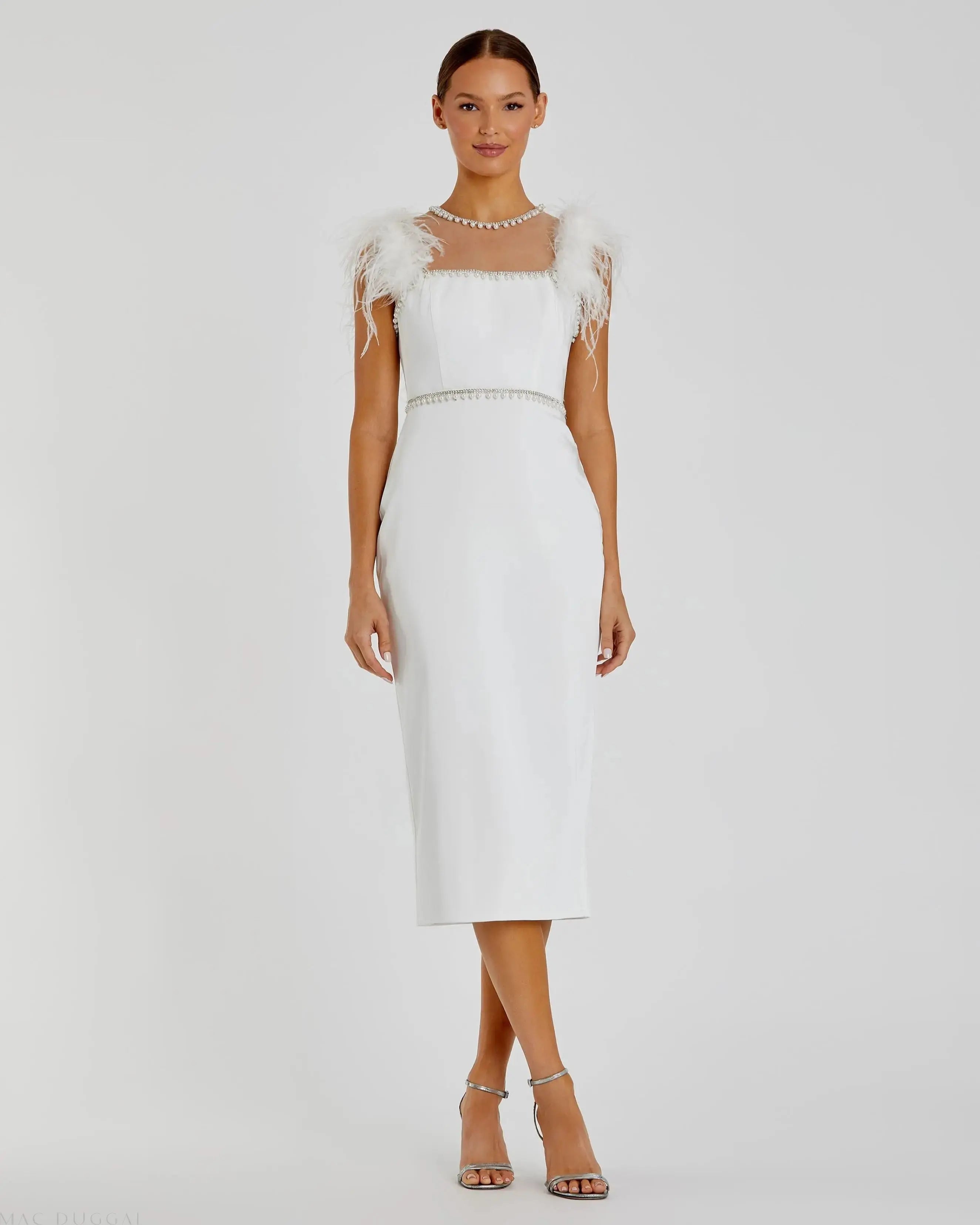 White Feather Cap Sleeve Pearl Embellished Tea-length Dress-Myartka