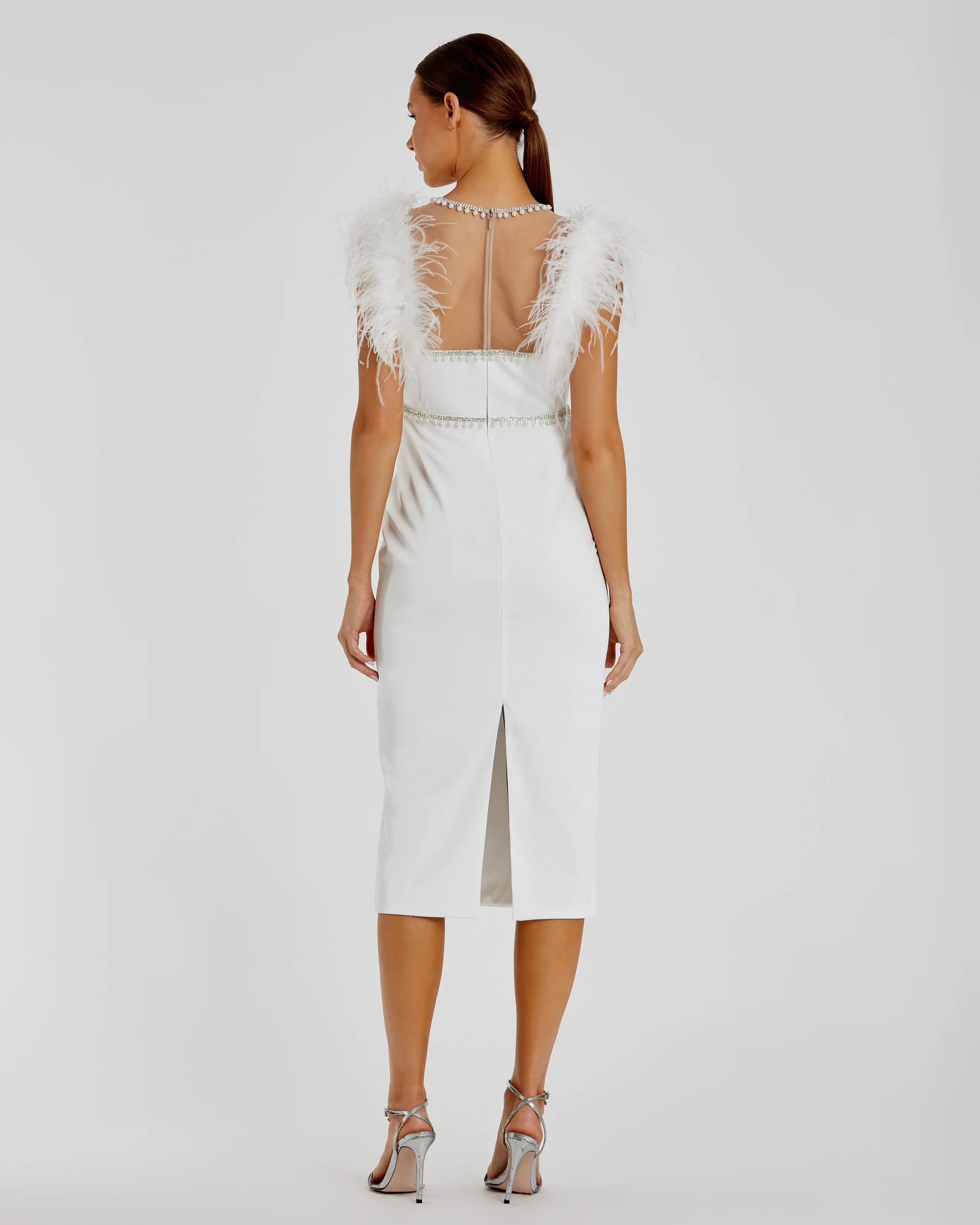 White Feather Cap Sleeve Pearl Embellished Tea-length Dress-Myartka