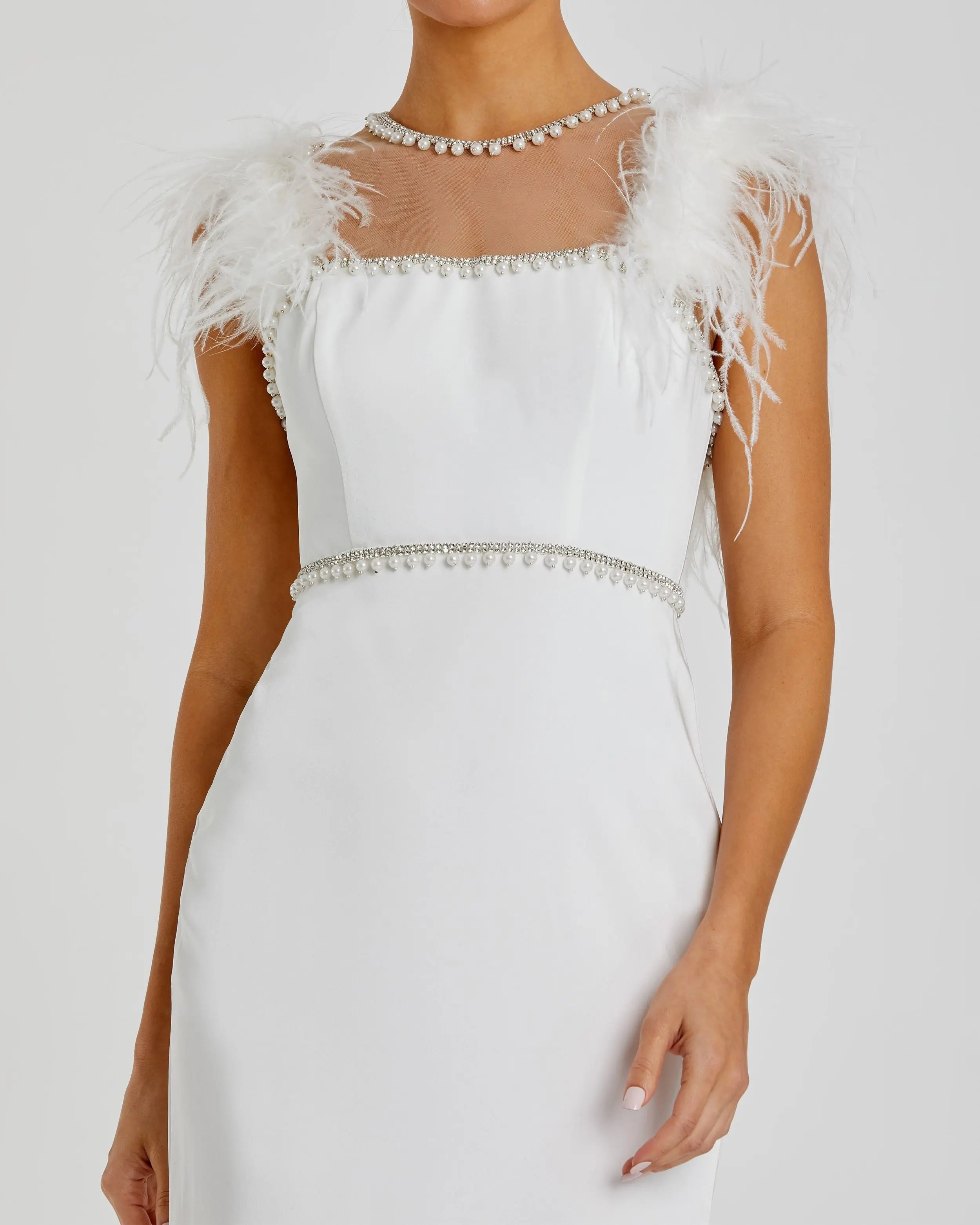 White Feather Cap Sleeve Pearl Embellished Tea-length Dress-Myartka
