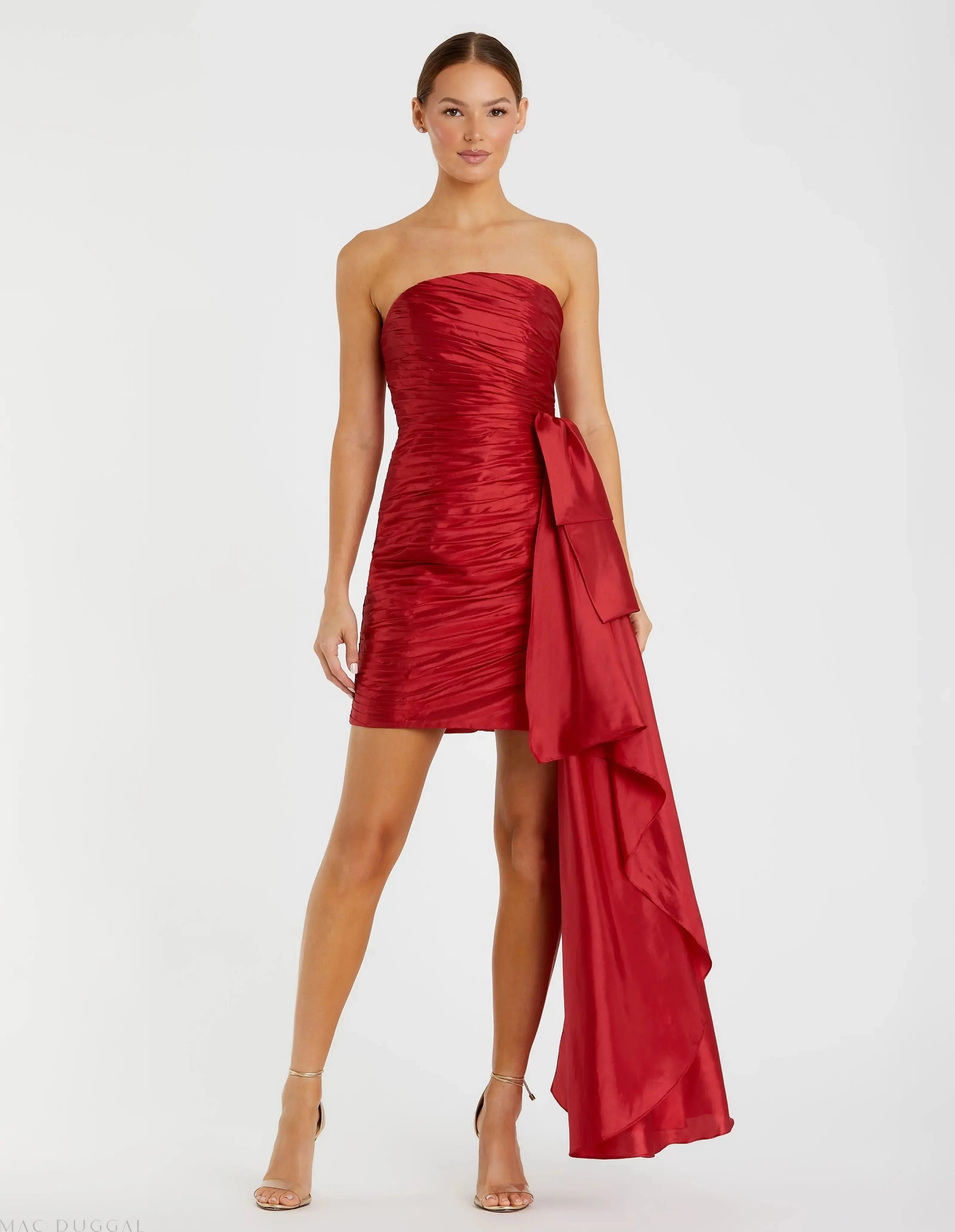 Red Strapless Ruched Mini Dress-Myartka